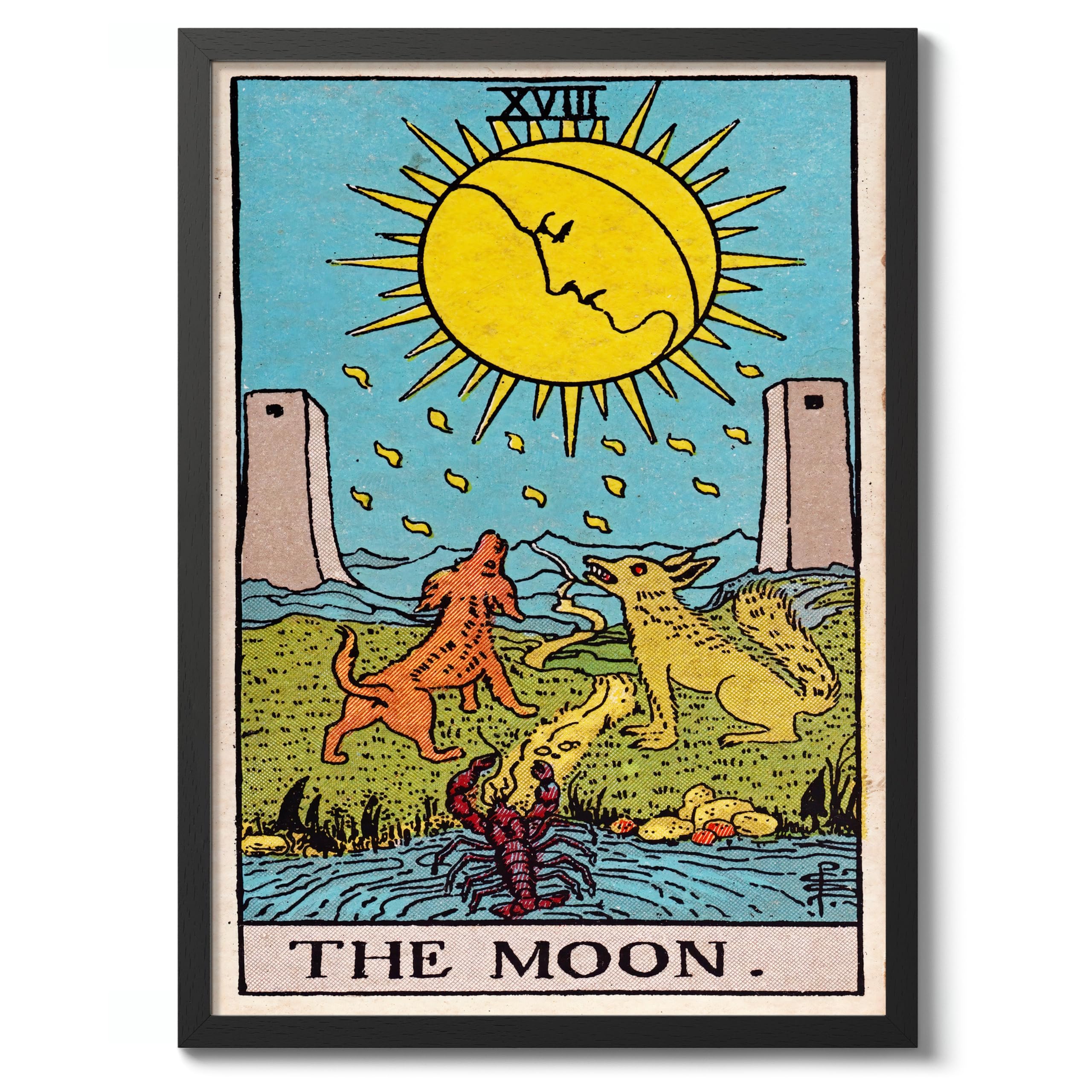 The Moon Vintage Tarot Art Print, Spiritual Wall Art Poster, Retro Mystical Bedroom Home Decor, A1 (Black Frame) - 86.9x62.4cm