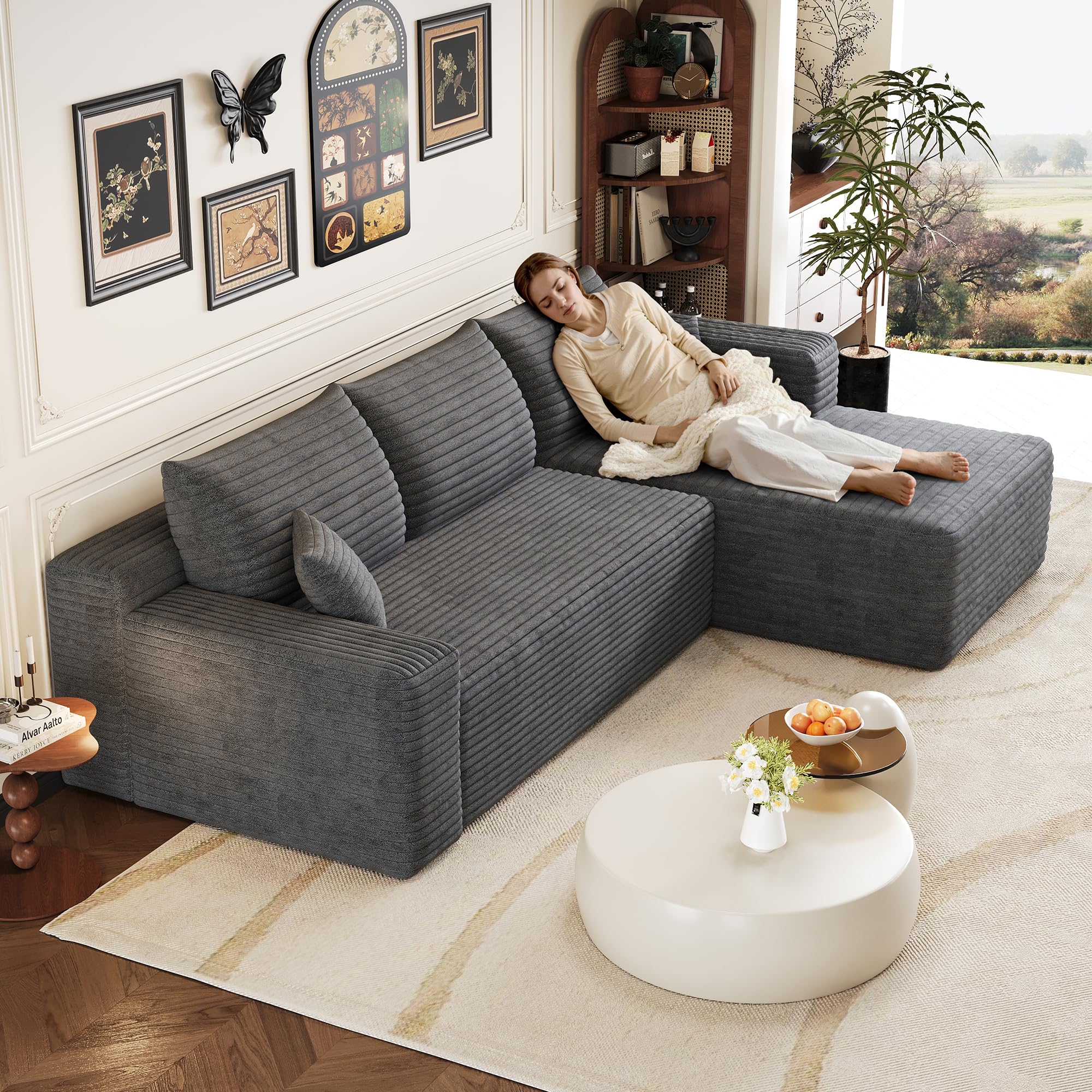 Sofá de esquina convertible, 239 cm, sofá comprimido con chaise longue en forma de L, sofá de esquina modular acolchado con asiento profundo para sala de estar (gris, ángulo derecho)