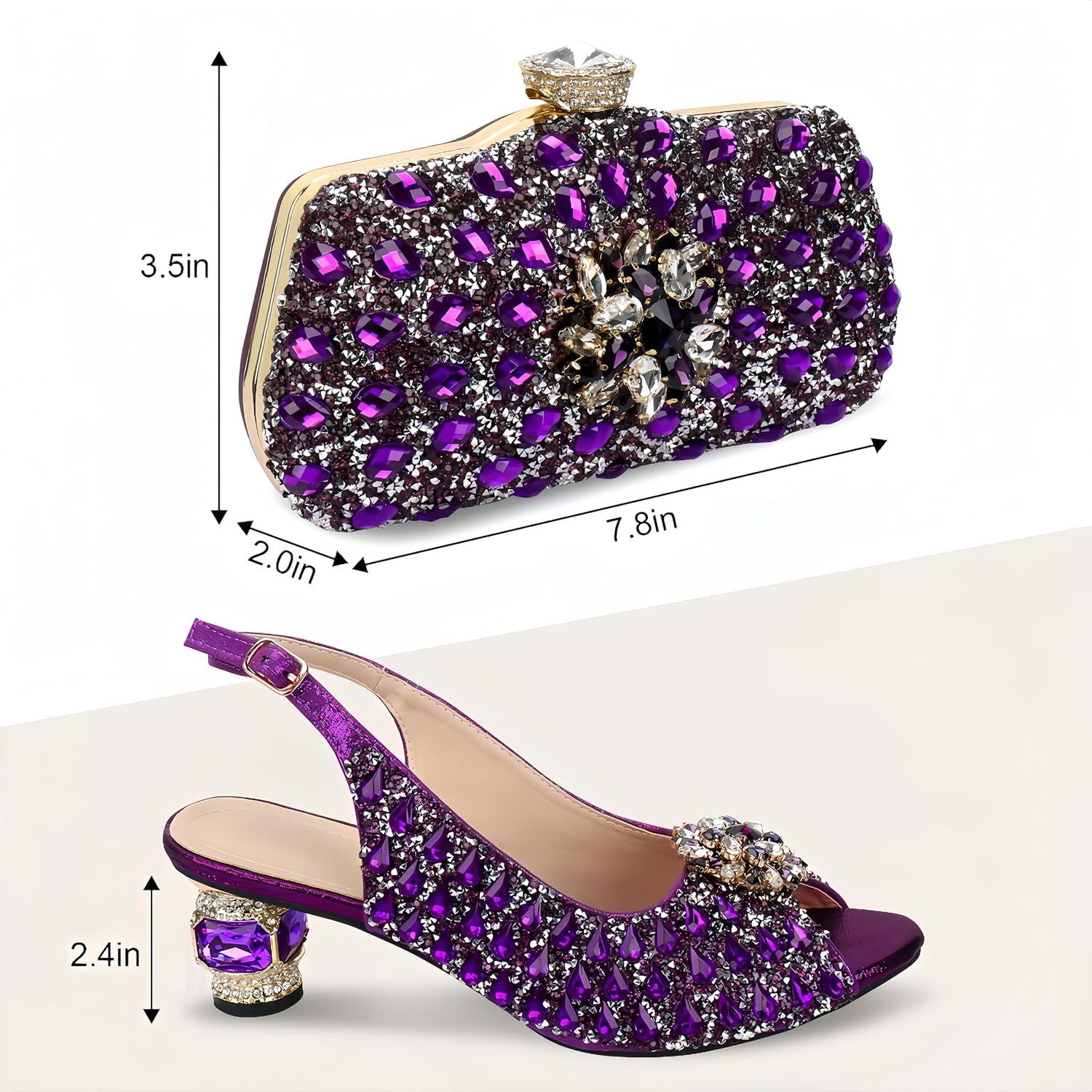 Women Shoes and Bag Set for Evening Party Wedding Italian Style High Heels Pumps Decorated with Rhinestone