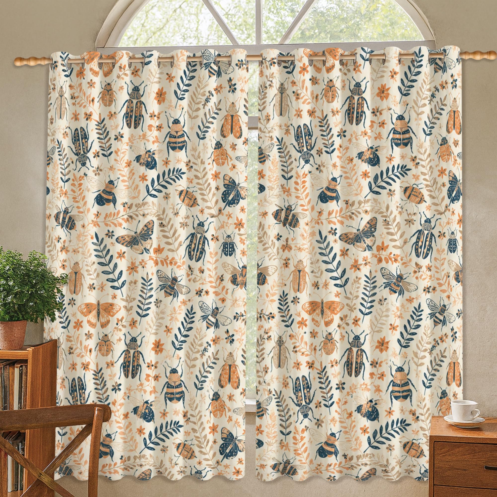 Rideaux occultants vintage crème 132 x 137 cm avec motifs de fleurs et papillons
