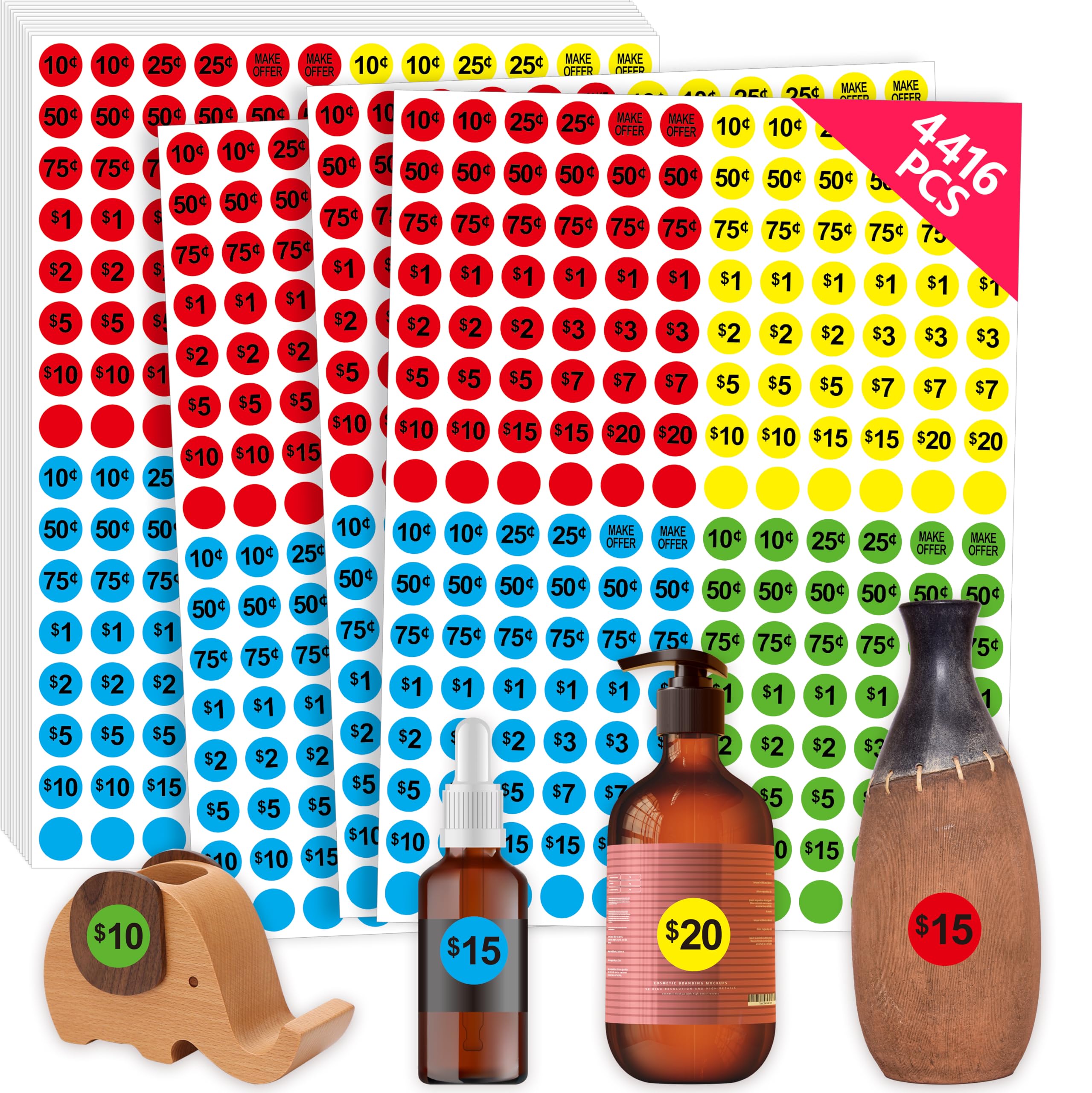 4416 PCS Pre-Priced Pricing Stickers, Sale Labels in 4 Bright Colors (Yellow/Red/Green/Cyan), Price Tag Stickers for Yard/Garage Sale, Flea Market (3/4” in Diameter)