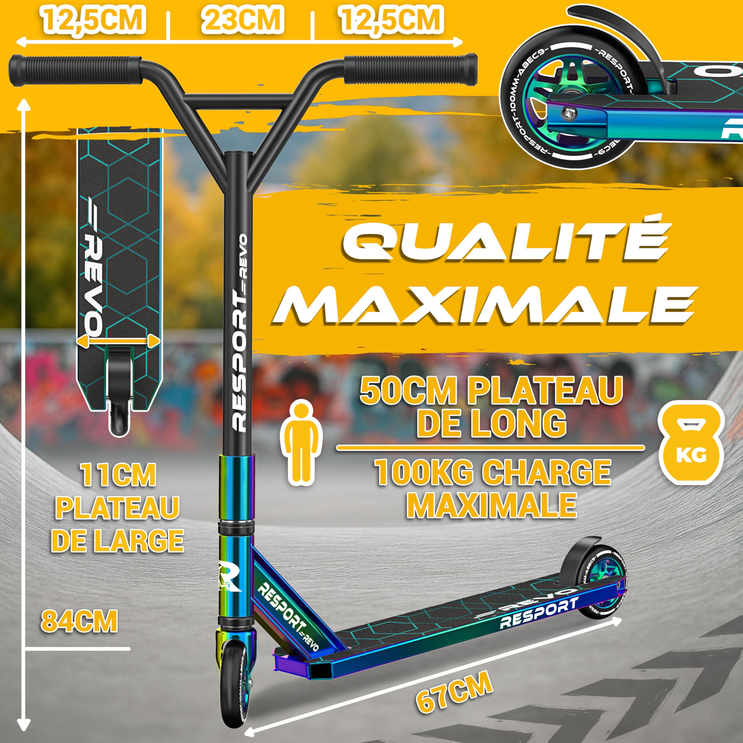 RE:SPORT Trottinette Stunt Revo pour enfants et adultes, avec support, 100 mm, roues en polyuréthane et barre en Y, roulement à billes ABEC 9, trottinette cascade, trottinette freestyle