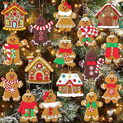 16Pcs Gingerbread Man Ornaments for Christmas Tree Gingerbread Christmas Decorations with Gingerbreads House Ornament for Christmas Tree Hanging Party Decor