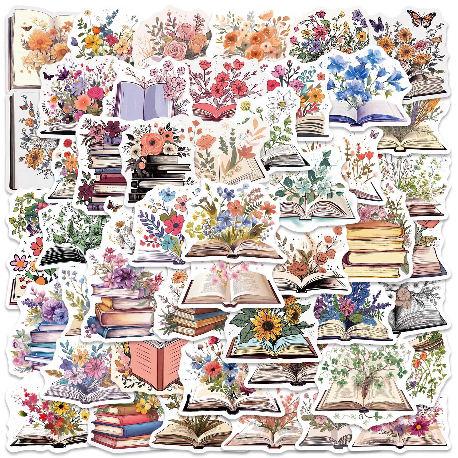 50PCS Book Flower Stickers,Aesthetic Sticker for Water Bottles Laptop Bumper Computer Notebook ,Kids Teens Girls Adults Gifts