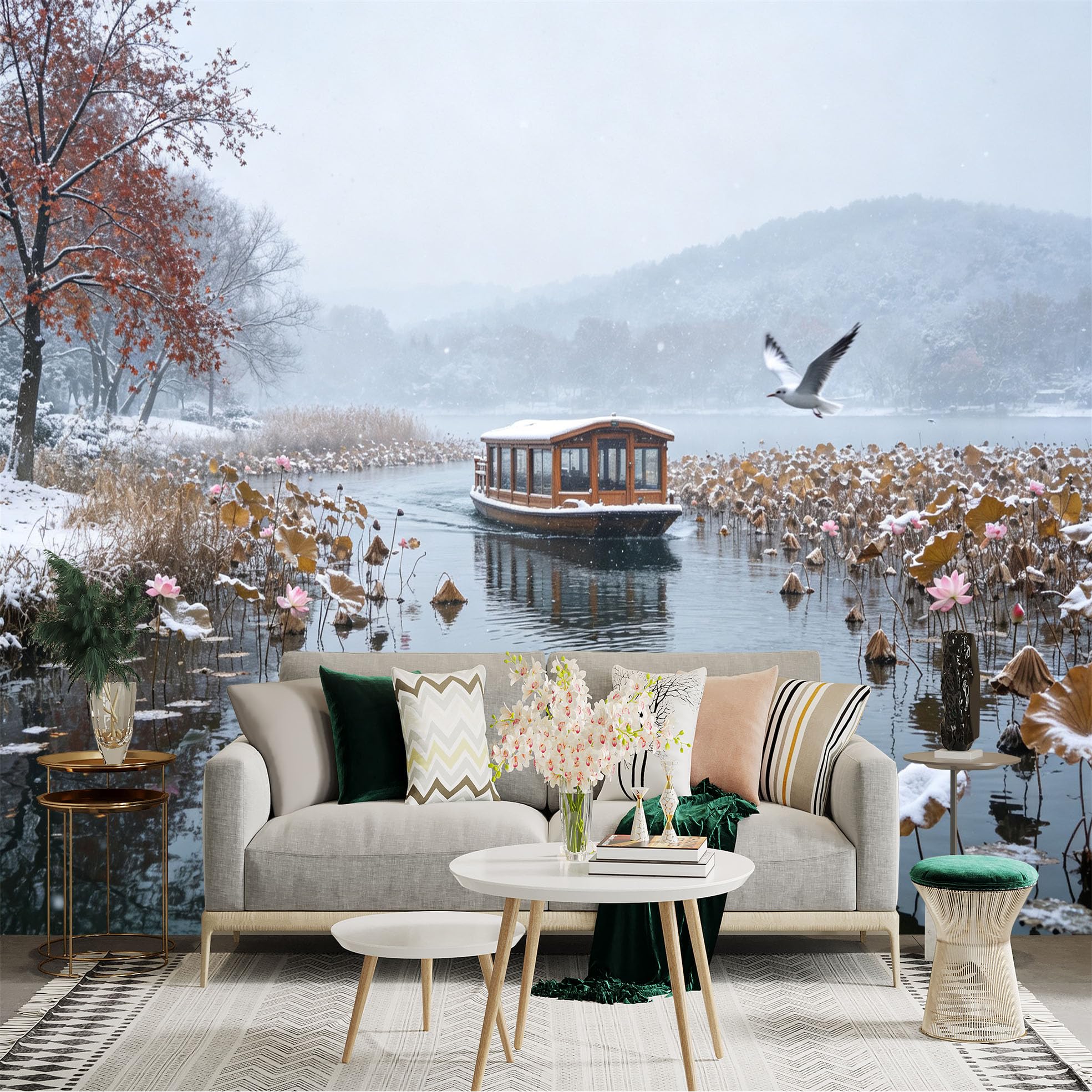 Custom Size Wall Sticker Mural， Snowy Winter Lake Scene， Traditional Wooden Boat， Blooming Pink Lotus， Flying Seagull， for wall Decoration， peelandstick wall Decals.