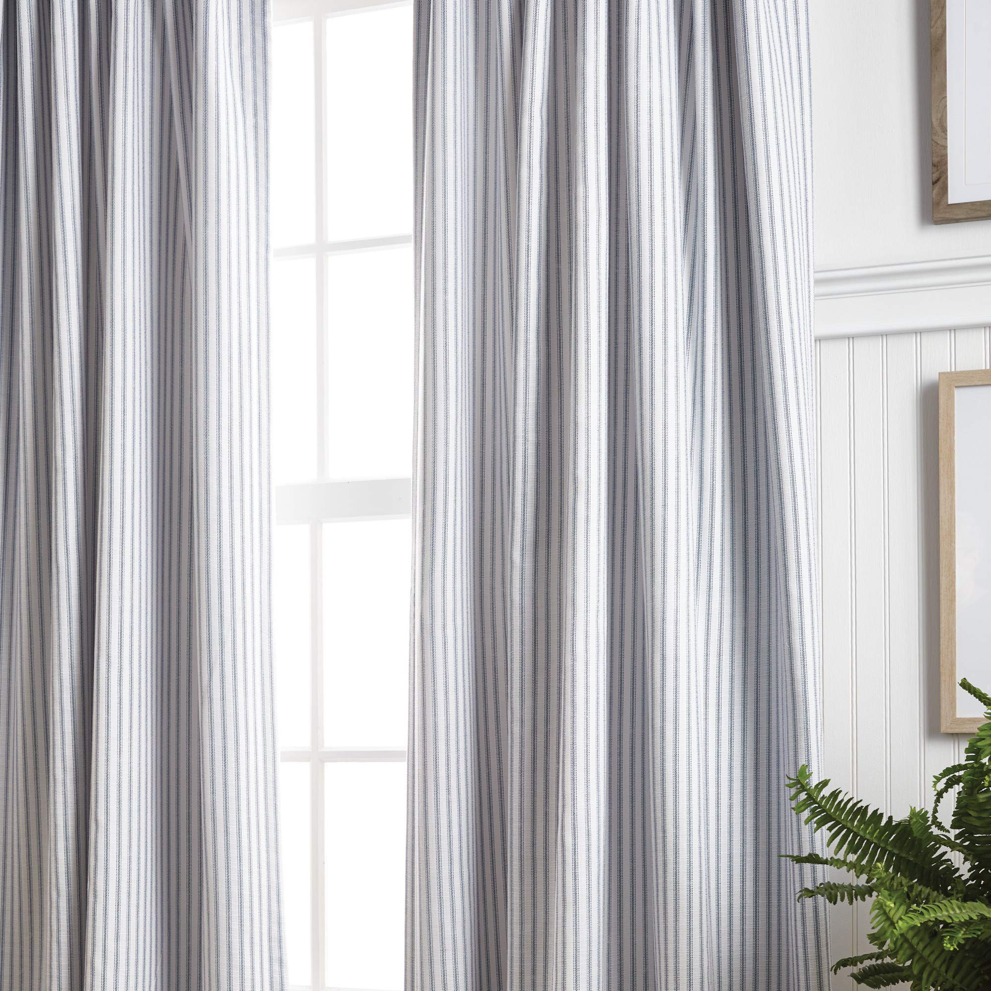 Martha Stewart Ticking Stripe Blackout Lining Rod Pocket/Back Tab Window Curtain Panel Pair, 84", White/Indigo - Image 4
