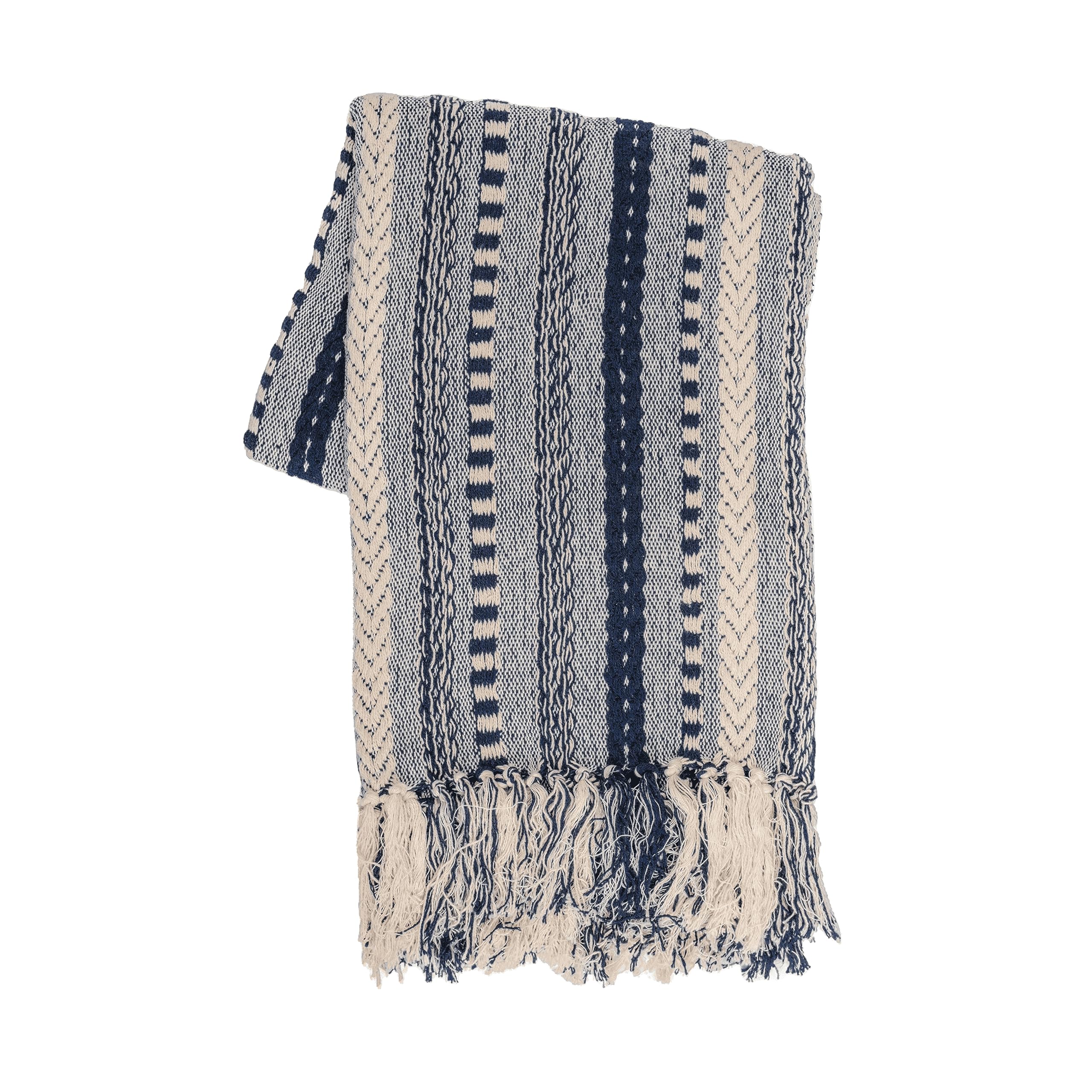 RAJRANG BRINGING RAJASTHAN TO YOU Cotton Braided Striped Throw Blanket 50x60 Inches Soft Cozy Navy Blue Blanket with Decorative Tassels for Sofa Couch Chair Bed Home Decor