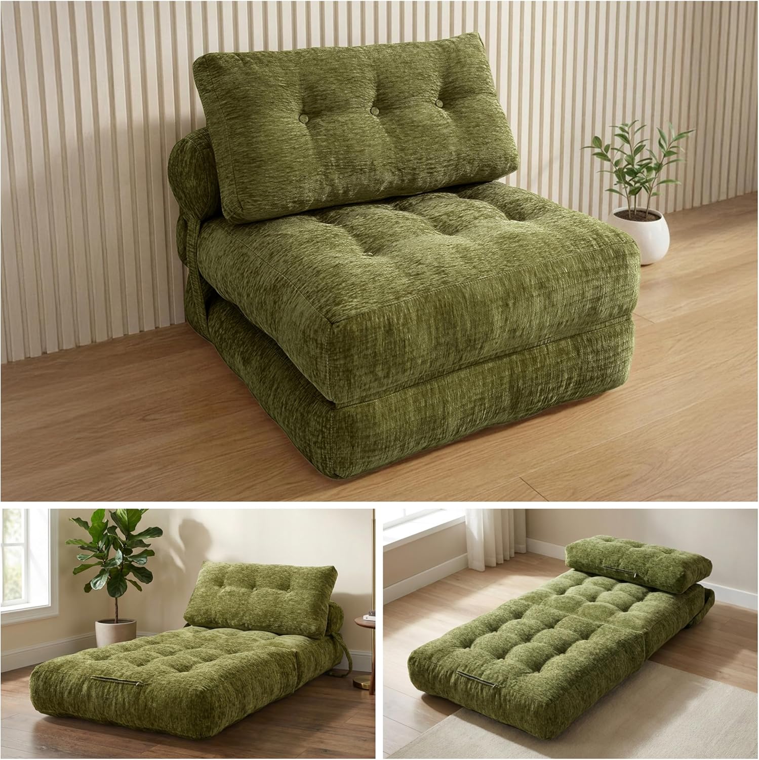 · REDEARTH · Folding Sofa Bed, 3-in-1 Boneless Convertible Floor Futon with Chaise & Sleeper Function, Shredded Foam Lounge Chair in Chenille for Living Room, Bedroom, Kids Room & Apartment, Olive