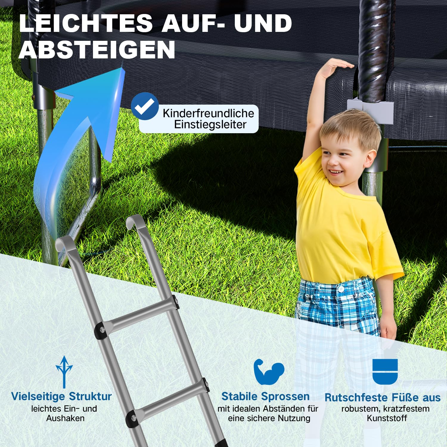 Devoko Trampolina Ogrodowa dla Dzieci Ø 183/228/305/366/427 cm, Zestaw z Siatką Bezpieczeństwa, Drabinką, Pokrowcem i Siatką na Buty | Mata Elastyczna 150 kg | TÜV