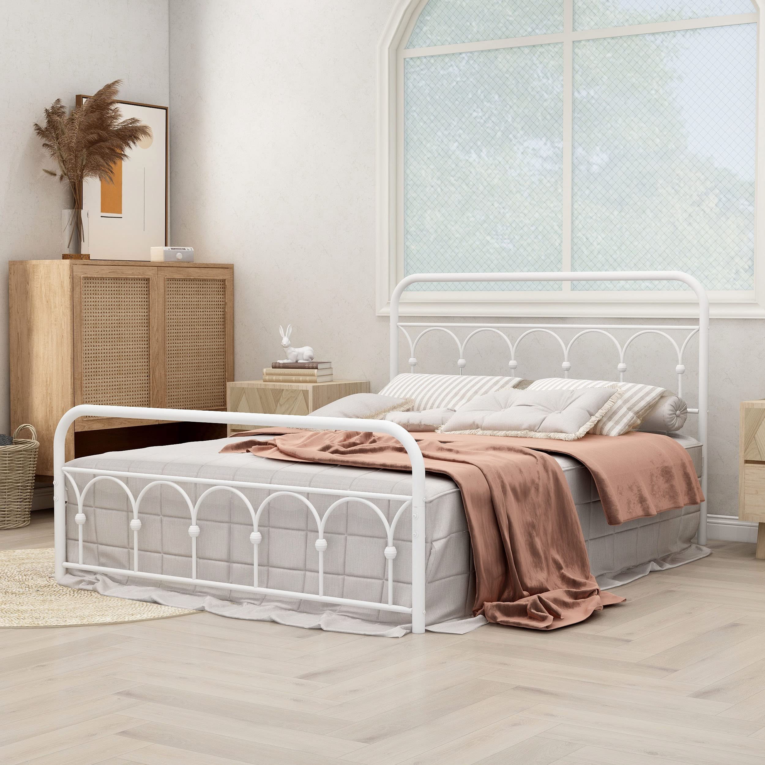 Zoophyter Metal Platform Bed Frame Queen Size with Headboard Footboard No Box Spring Needed Easy Assembly White