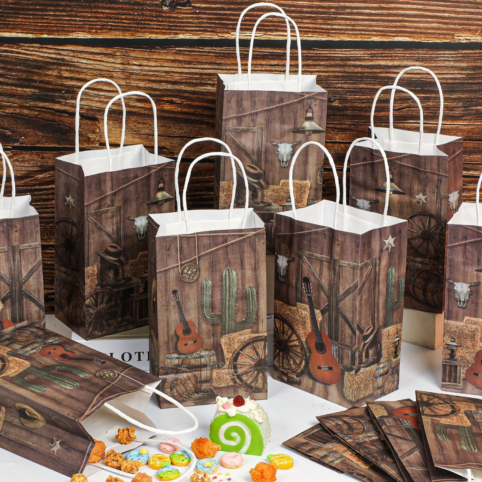 12 PCS Cowboy Party Favor Bags Western Paper Gift Goodie Candy Treat Bags Bulk with Handle Wild West Rodeo Birthday Party Decorations for Cowgirl Kids Boys Baby Shower Bachelorette Supplies Favors