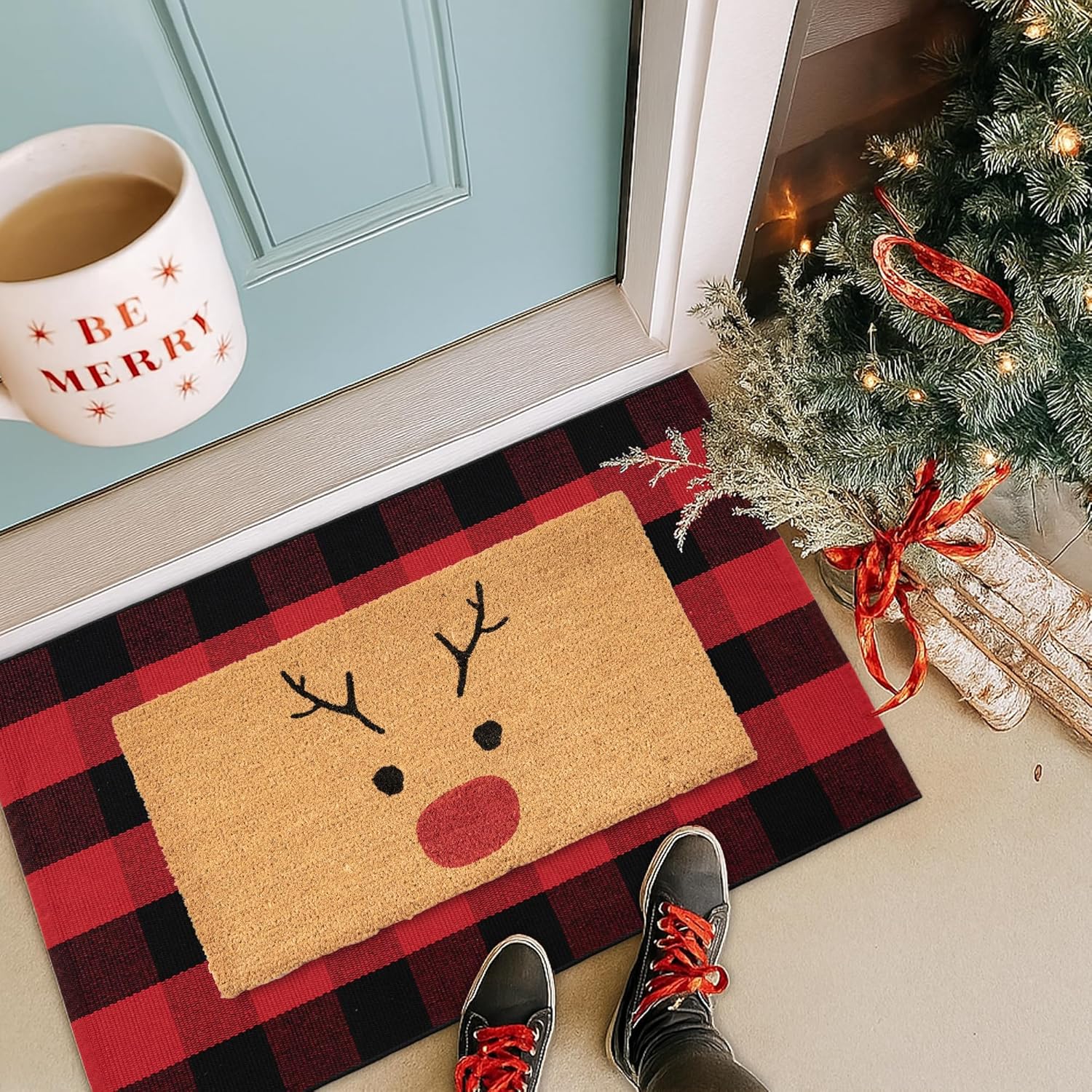 Christmas Door Mat Combo Set, 100% Coco Coir Welcome Mat + 28 x 43 Inches Red and Black Plaid Rug - New Year Holiday Christmas Deer Collection Doormat for Front Porch Entryway Decor