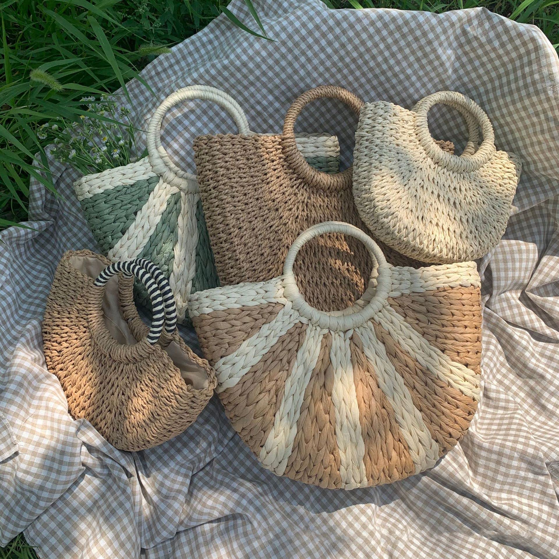 JOLLQUE – Sac de plage en paille pour femme, sac fourre-tout d'été tissé à la main avec pompon, poignée sur le dessus
