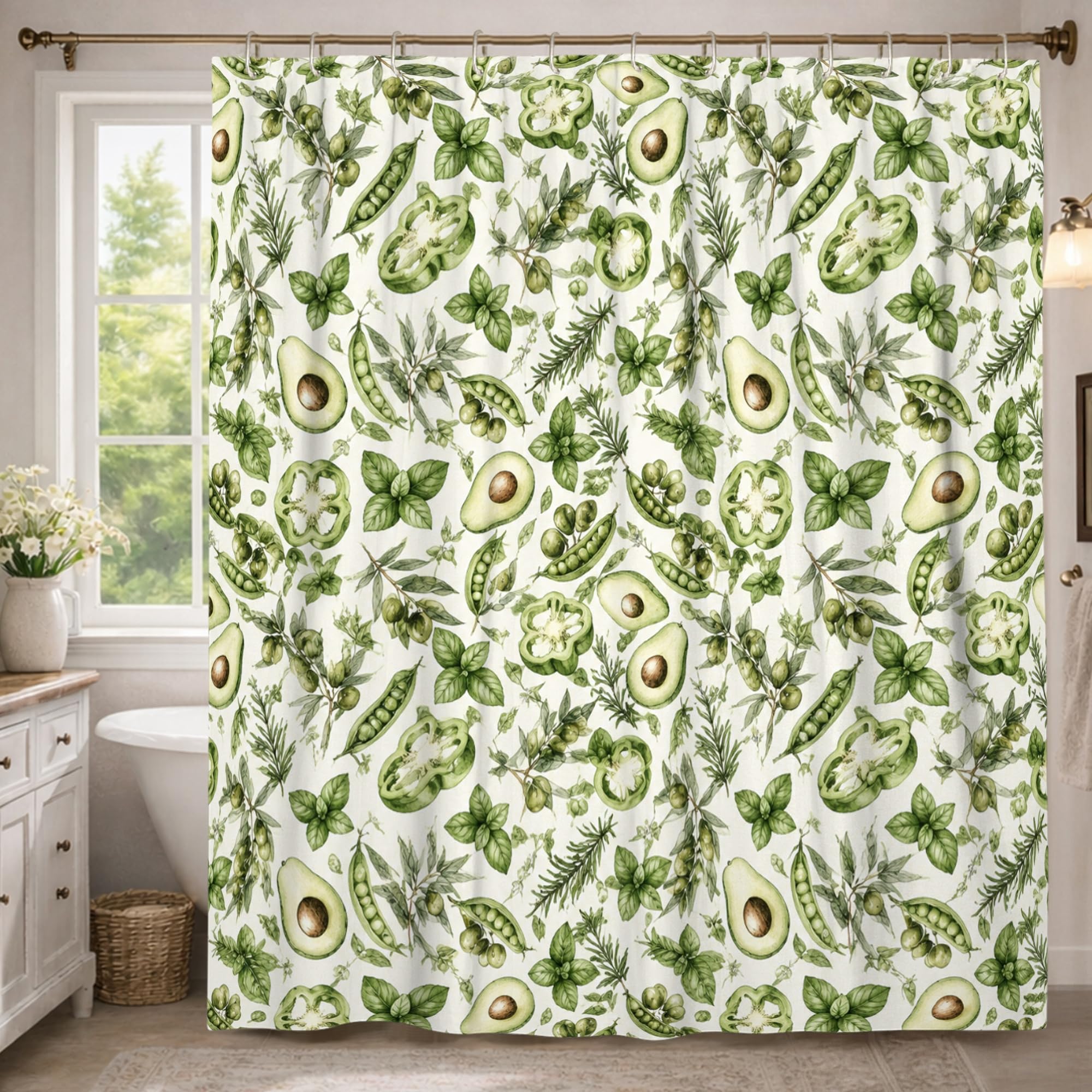 Rideau de douche extra long 183x243 cm en tissu vert d'été à pois botaniques pour baignoire