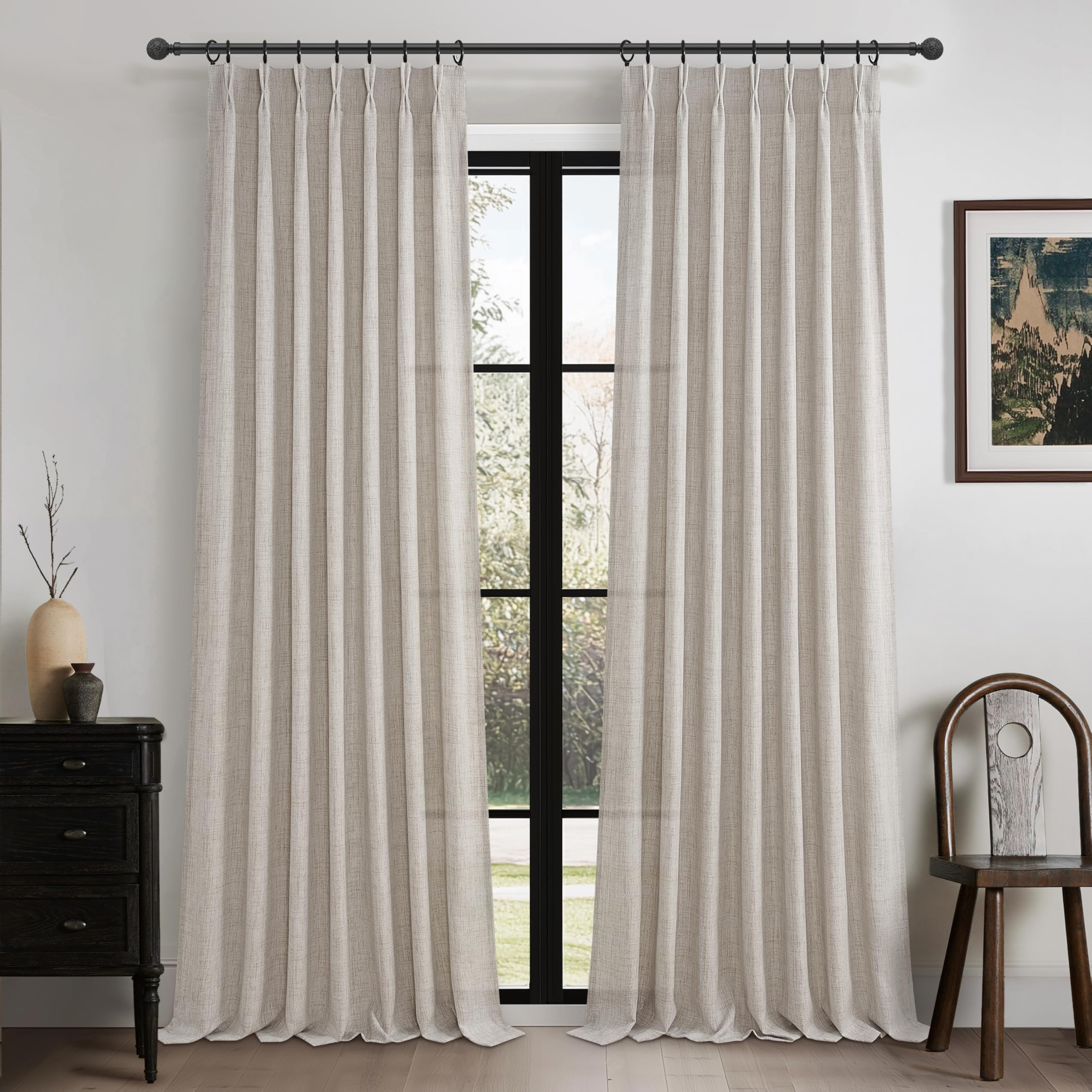 Extra Long 120 Inch Pinch Pleated Curtains for Living Room, Memory Trained Linen Blend Semi Sheer Taupe Light Filtering Privacy Large Windows Drapes 2 Panels Set 10 FT Length Greyish Brown Lux Decor