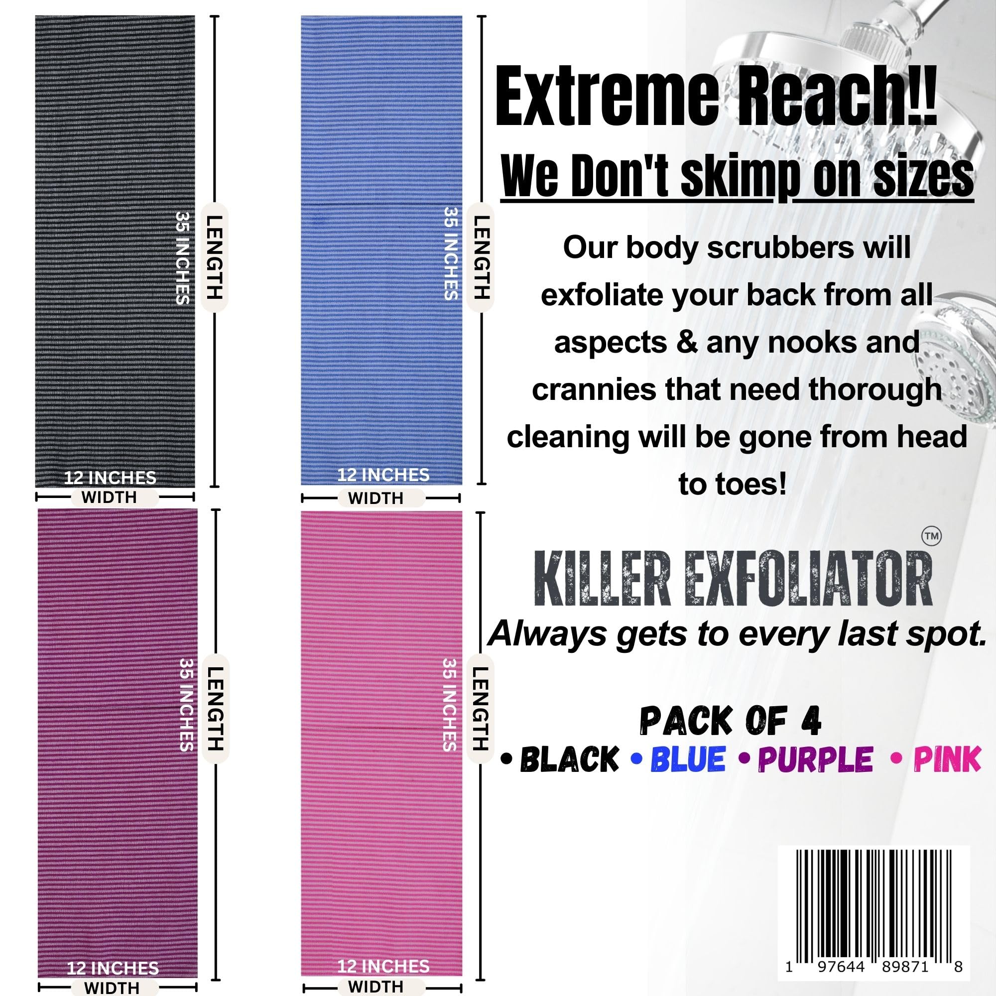 Exfoliante corporal japonés extra áspero de alta calidad: exfoliante corporal extralargo, higiénico, para hombres y mujeres, paquete de 4 unidades (negro, azul, morado y rosa)