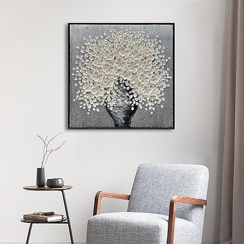 Miniatura 8 de Epicler art Pintura al óleo decorativa abstracta 3D de flores blancas 100% pintadas a mano, 24 x 24 pulgadas, marco decorativo de pared de pasillo,