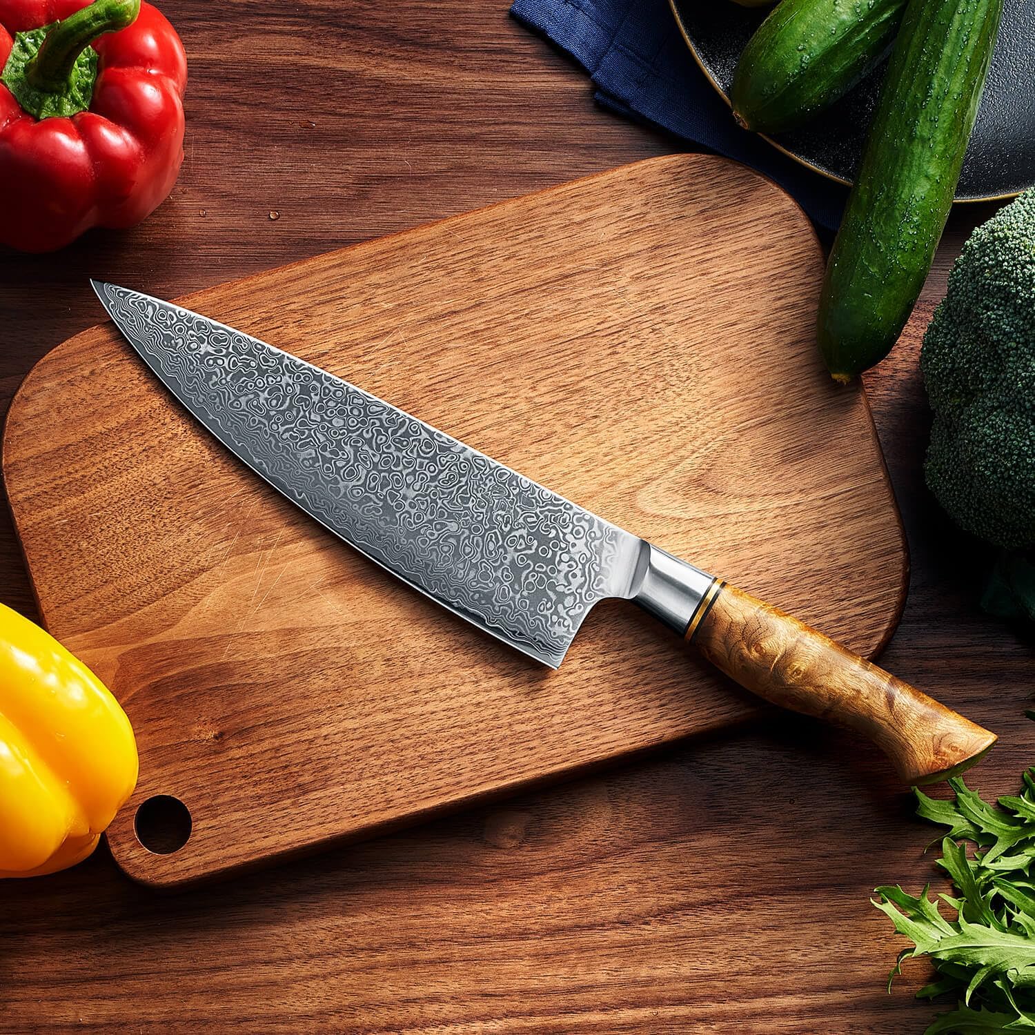 SENKEN 8" Damascus Steel Chef's Knife - Dynasty Collection - 67-Layer Japanese VG10 Steel with Sycamore Wood Handle, Razor Sharp Double Bevel 15° Edge