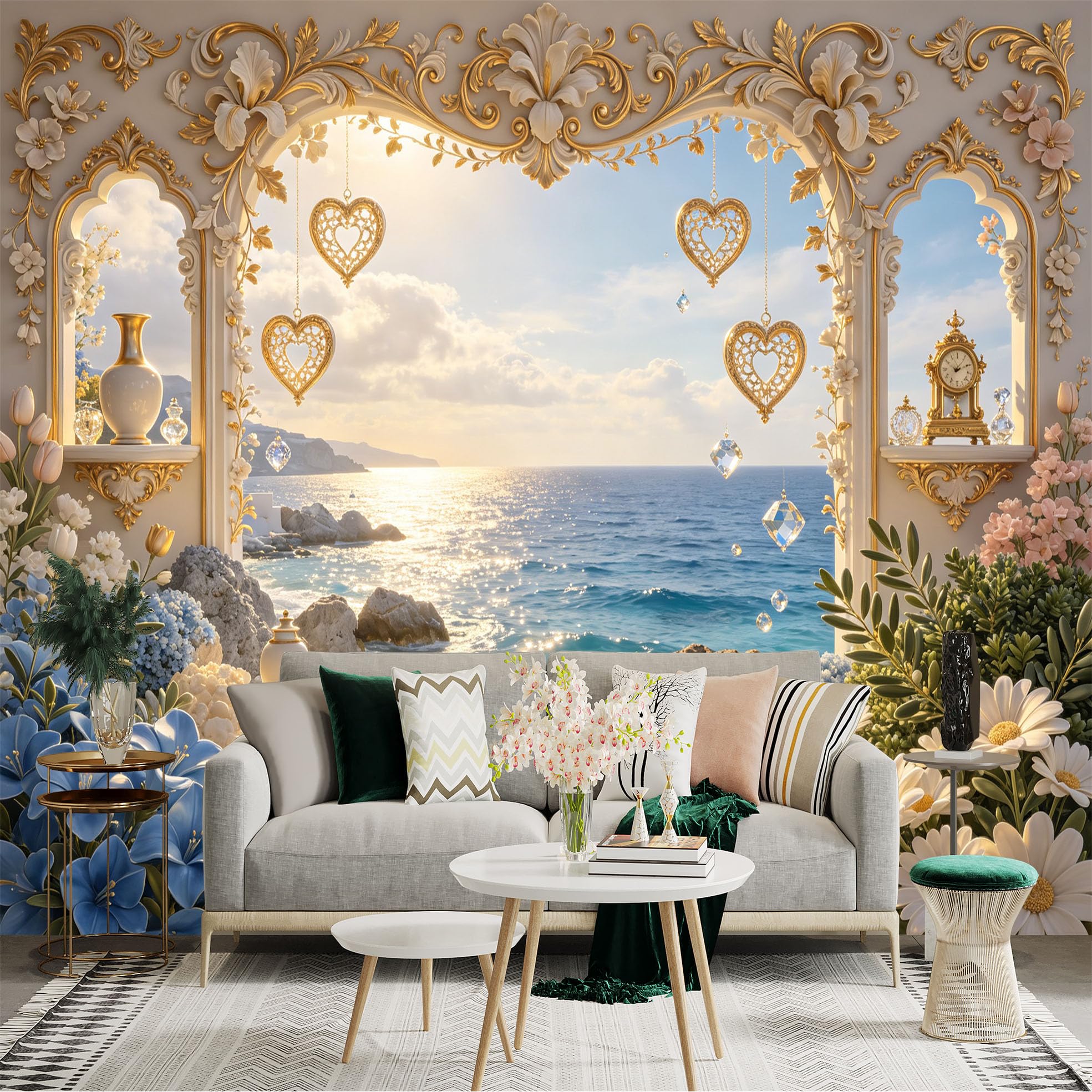 Lnzczhyre Bh260719487 Custom Size Wall Sticker Mural， Elegant Coastal Archway With Golden Hearts， Floral Garden View， Ocean Sunset， Luxury Interior Decor， For Wall Decoration， Peelandstick Wall Decals.