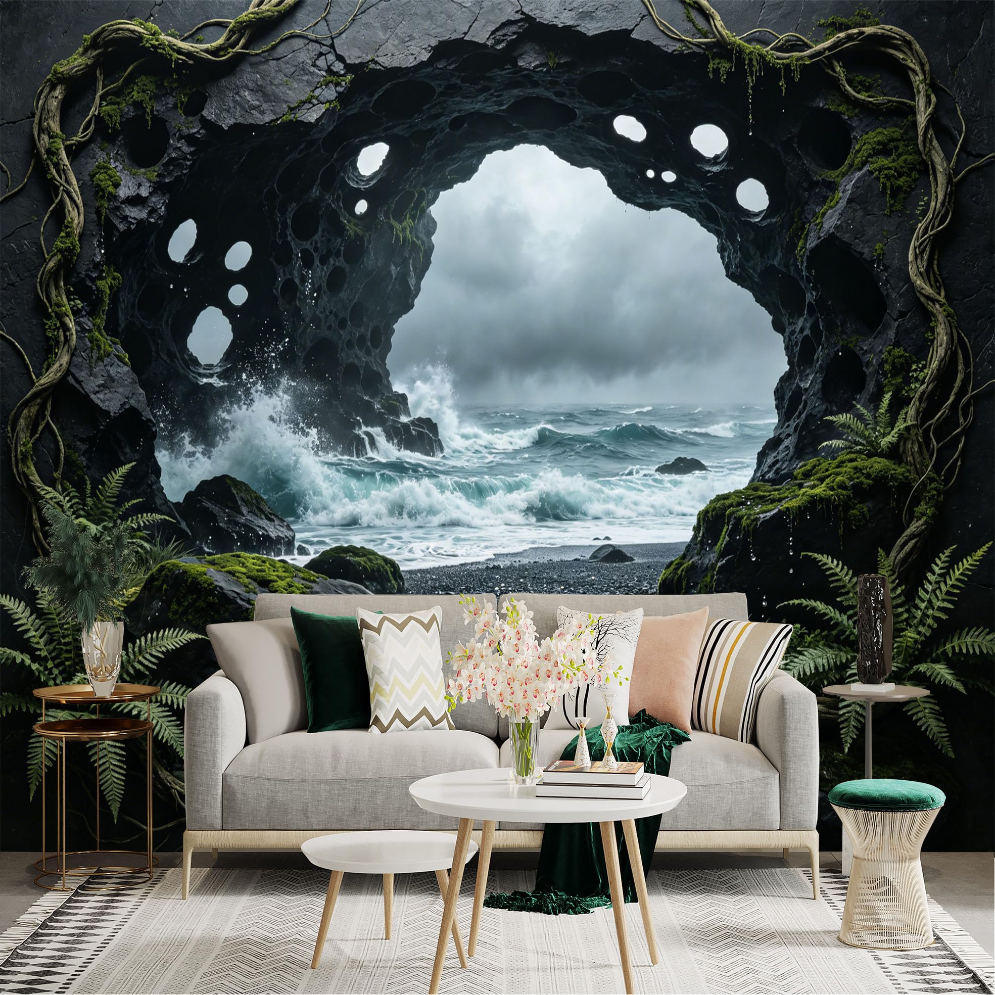 Custom Size Wall Sticker Mural， Ocean Waves Through Rocky Cave with Moss and Ferns， for wall Decoration， peelandstick wall Decals.