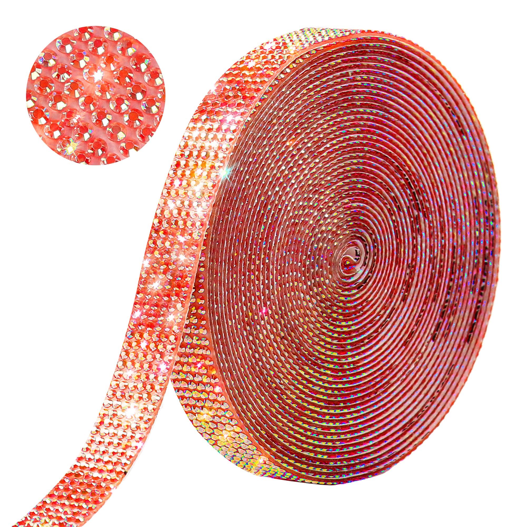 Self Adhesive Red AB Rhinestone Ribbon Crystal Strips,Bling Christmas Resin Rhinestone Diamond Sticker for DIY Crafts,Wedding,Halloween Christmas Party(6 Rows of 6 Yards,Red AB)
