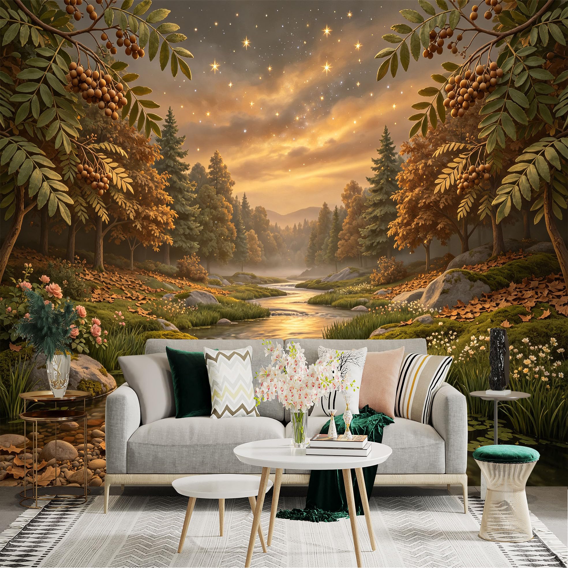 Lnzczhyre Bh260719059 Custom Size Wall Sticker Mural， Autumn Creek At Twilight， Glowing Stars And Forest Scenery， Nature Landscape， For Wall Decoration， Peelandstick Wall Decals.