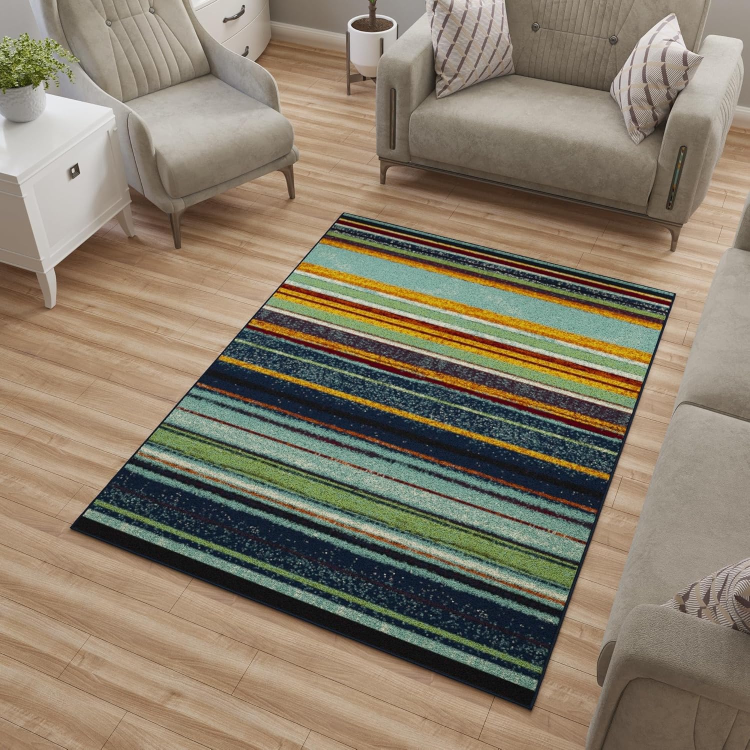 Ottomanson 5' x 6'6" Rugs for Living Room Striped Area Rug for Bedroom - Non Slip Durable Large Floor Carpet for High Traffic Areas - Indoor Rug for Dining Room Kitchen Kids Playroom, Multicolor