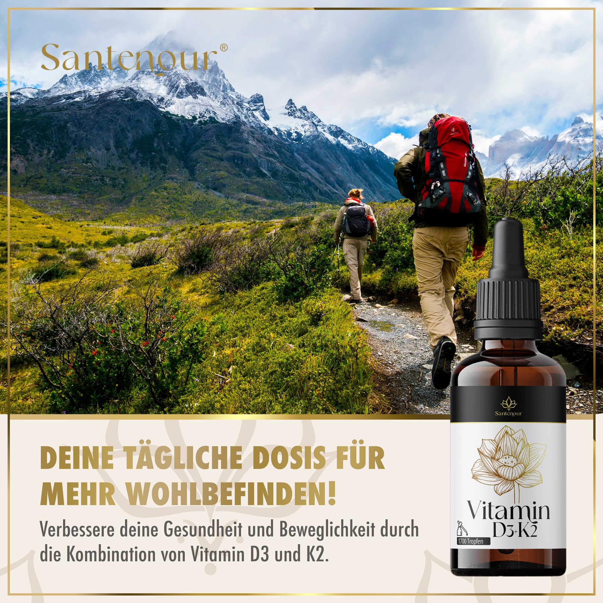 Vitamin D3 + K2 Tropfen - 50ml - 25 µg Vitamin D3 & 20 µg Vitamin K2 pro Tagesdosis - hoch bioverfügbar mit Kokosöl - vegan, alkoholfrei, ohne Gluten, Laktose, Gelatine