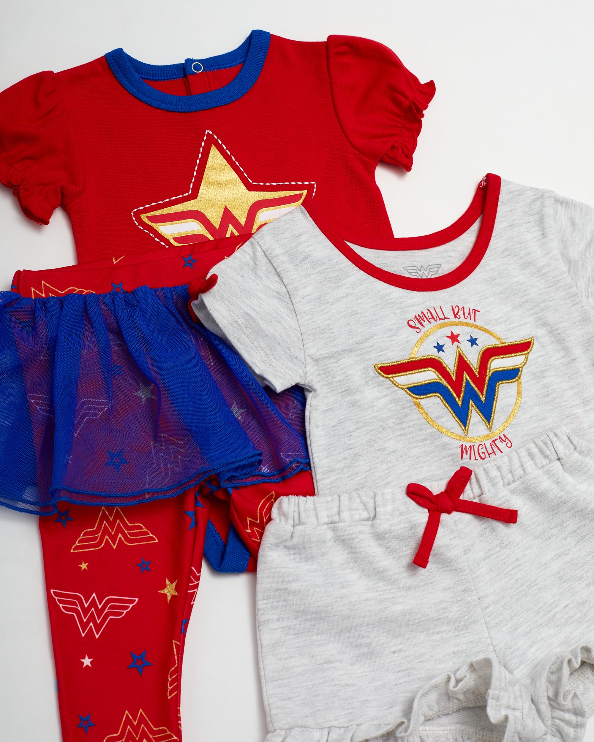 Wonder Woman Baby Girls 4 Piece Set - Short Sleeves T-Shirt with Applique Patch, Legging Pants with Tutu Skirt, Embroidered Onepiece Bodysuit, Drawstring Shorts (Red/Blue/Grey, 3 Months)