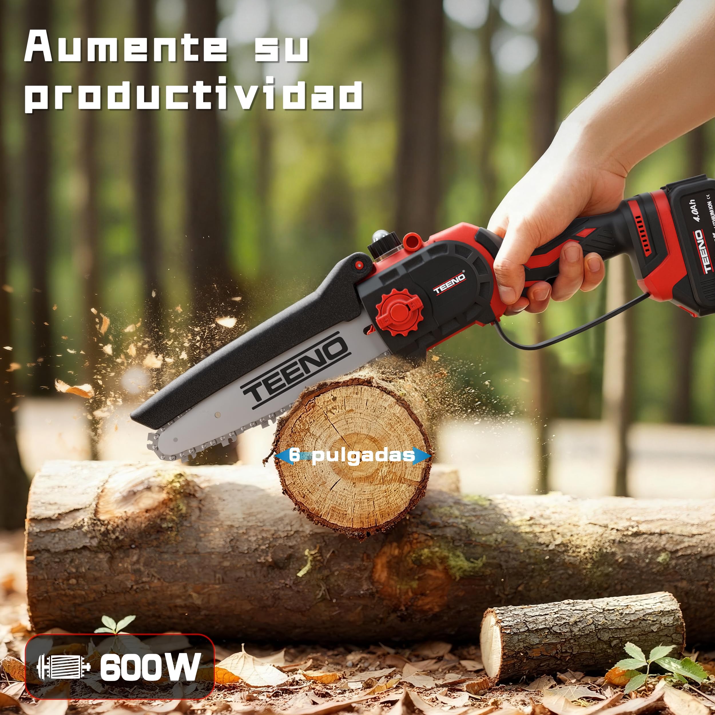 TEENO Set Herramientas Jardinería 2 en 1: 6 Pulgadas Mini Motosierra a Batería + Tijeras Podar Eléctrica Inalámbrica 0-40mm, 2 Baterías 4.0 Ah, Cuchillas Acero SK5