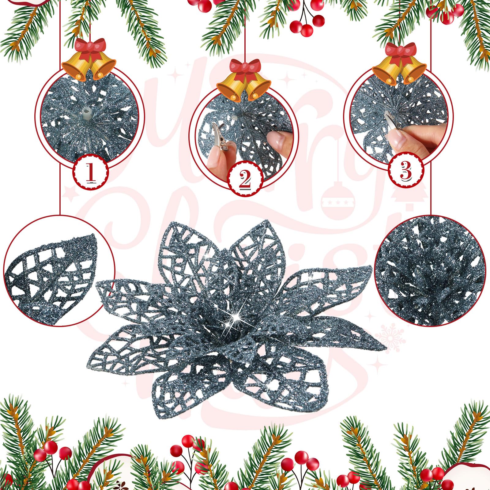 Boao 24 Pieces Glitter Poinsettia Christmas Tree Ornament Christmas Flowers Decor Ornament, 3/4/6 Inches (Dusty Blue) - Image 3