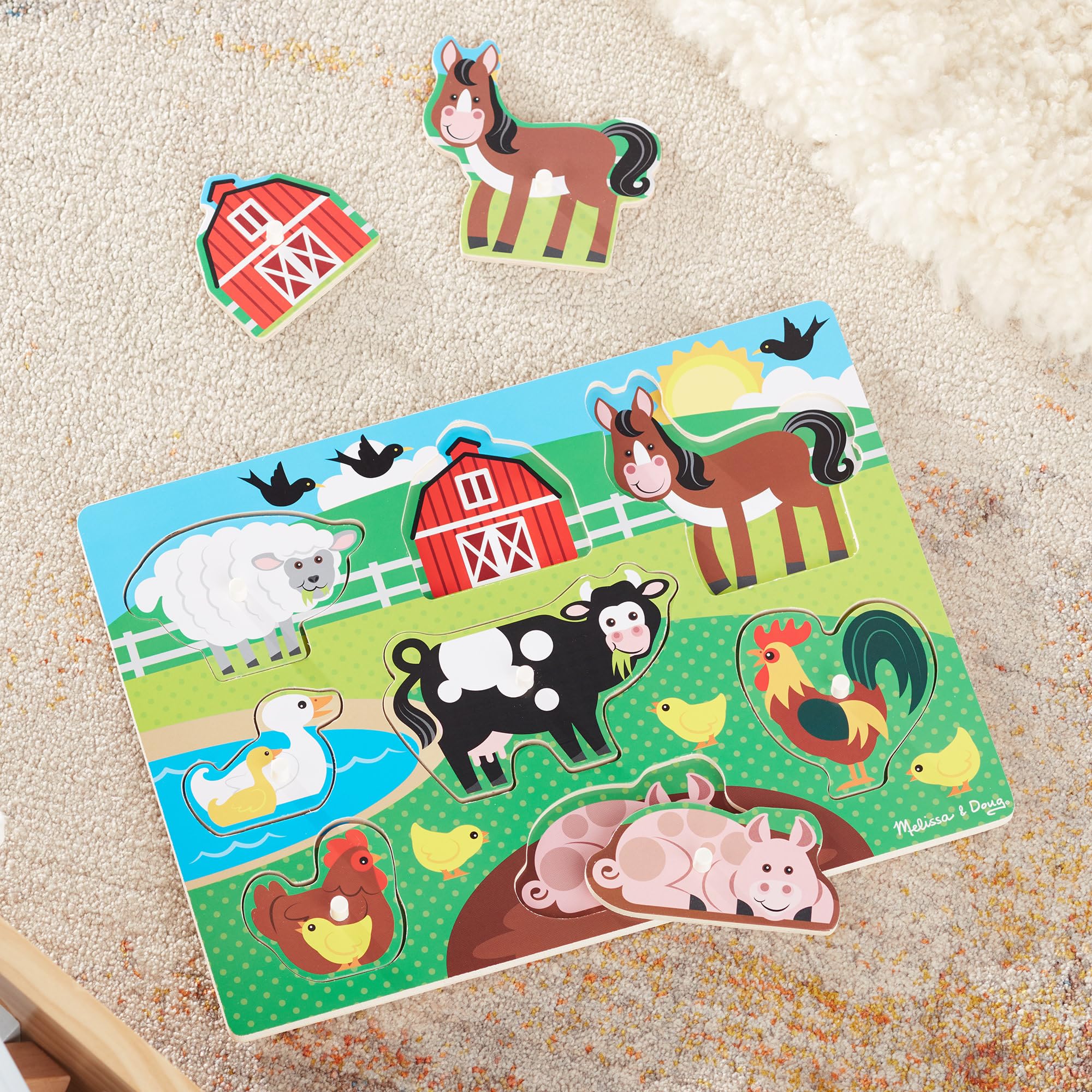 Melissa & Doug Set di 3, Puzzle con Pioli in Legno - Animali della fattoria, Safari e Veicoli, Giochi in legno, Giocattoli per lo sviluppo, 3+, Regalo per bambini e bambine