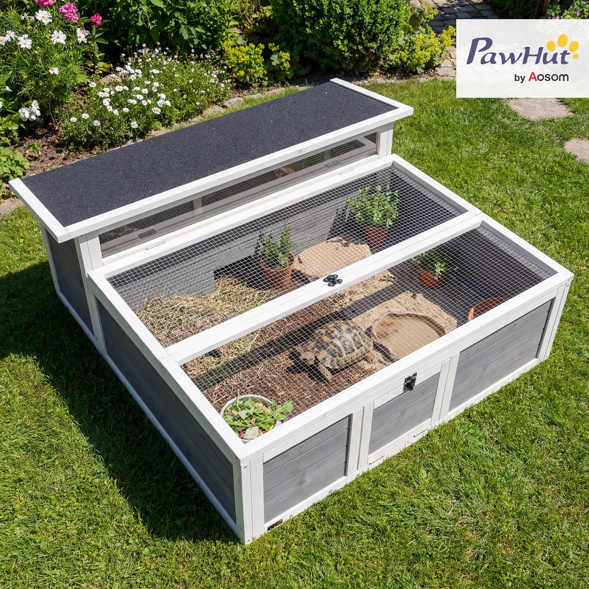 PawHut Maison Tortue Terrestre en Bois XXL 113x106,5x44,5cm - Habitat 2 Zones avec Double Toit Ouvrant Bitumé et Grillagé, Fenêtre - Enclos Tortue Hermann et Parc Lapin, Gris Foncé