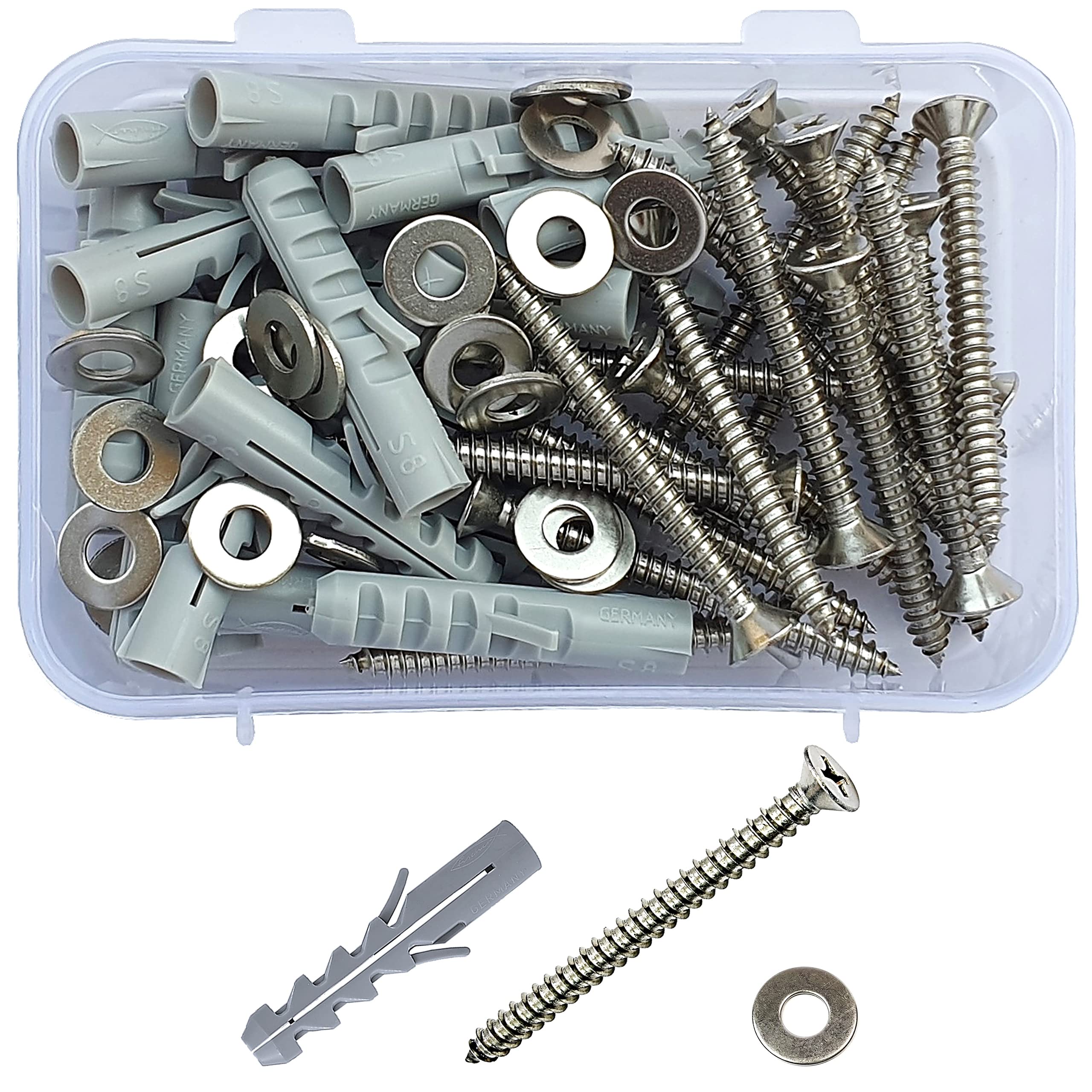 Jaset Innovations 8 mm Diameter Nylon Dry Wall Rawl Plugs/Gitti, Stainless Steel Screws Flat Phillips Head Counter Sunk (CSK) Type and Washers (Set of 20 – Total 60 pcs pack) (B08YXSDBY9) Amazon Price History, Amazon Price Tracker