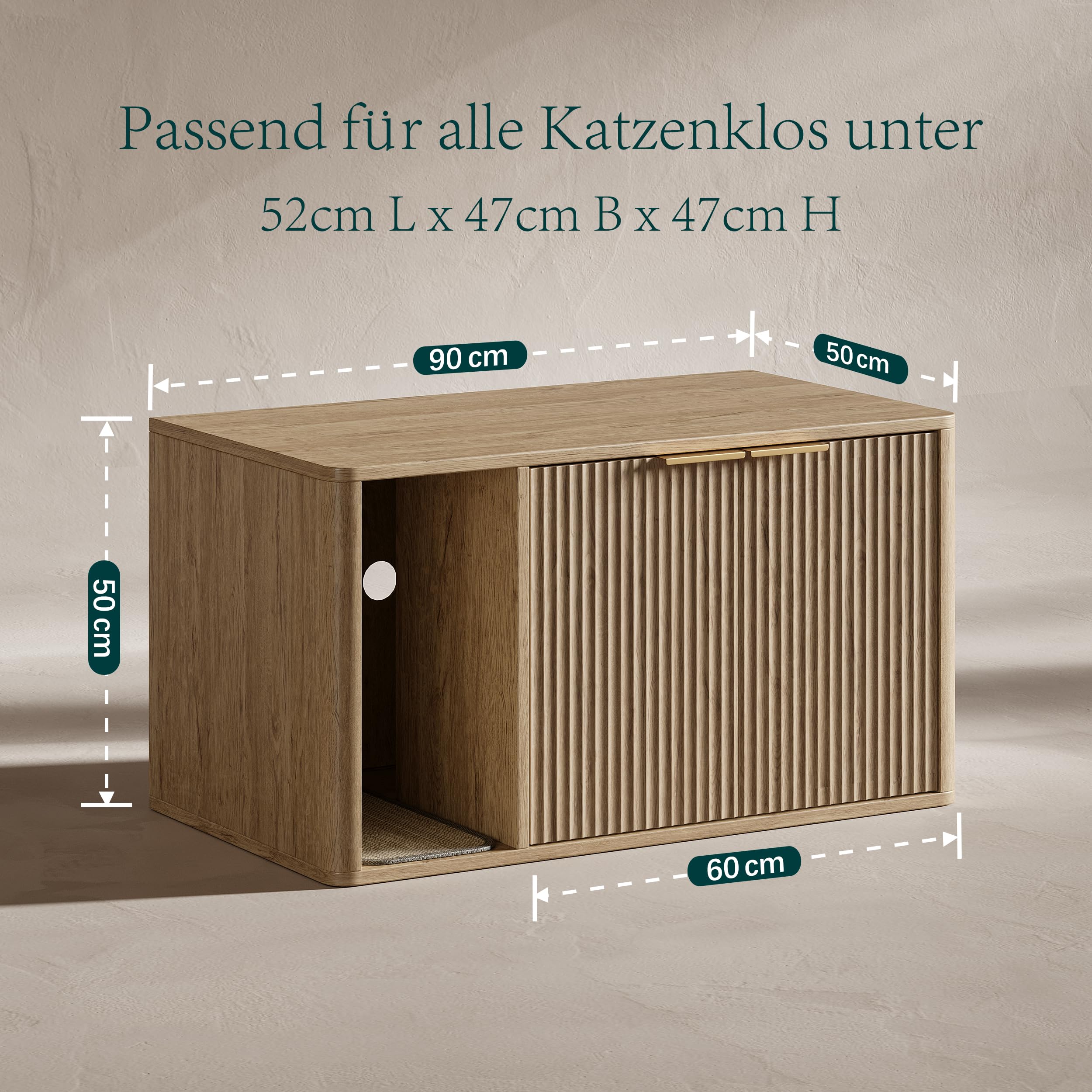 Katzenklo Schrank 90x50x50 cm, Katzenschrank für Katzentoilette aus Holz mit Kratzmatte, Verstecktes Katzenklo Haus für Wohnzimmer, Flur und Schlafzimmer, Buche