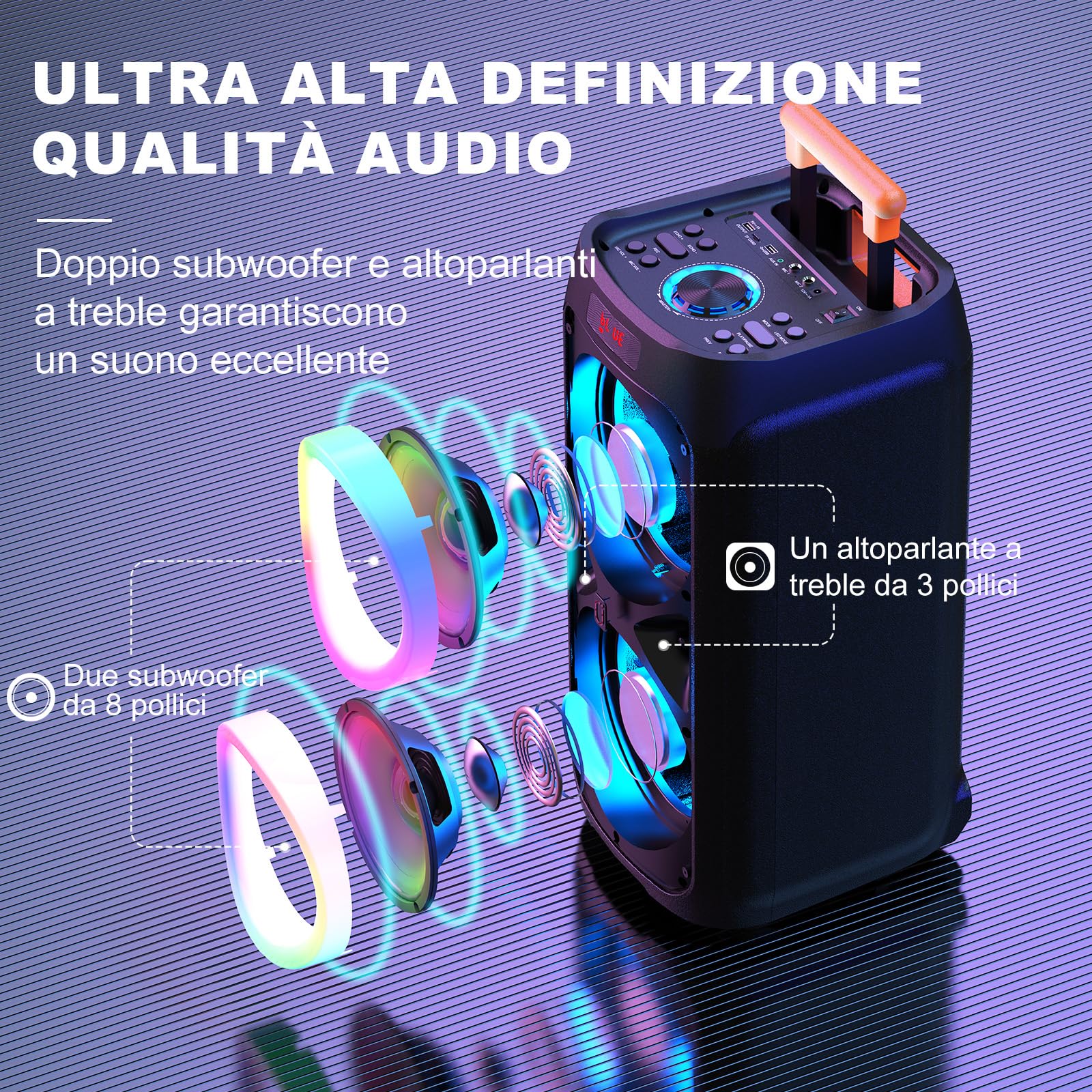 HWWR Karaoke con 2 Microfoni Wireless per Adulti, Altoparlante Bluetooth da 8" con potenza di picco di 500W, Sistema PA con Luce Discoteca LED, Ruote Rotanti e Carrello, Perfetto per Casa all'Aperto