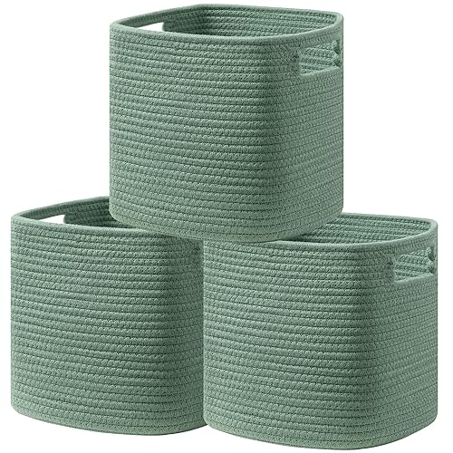 UBBCARE Juego de 3 cestas de cuerda de algodón de 13 x 13 x 13 pulgadas, cestas de almacenamiento tejidas para estantes, organización con asas,