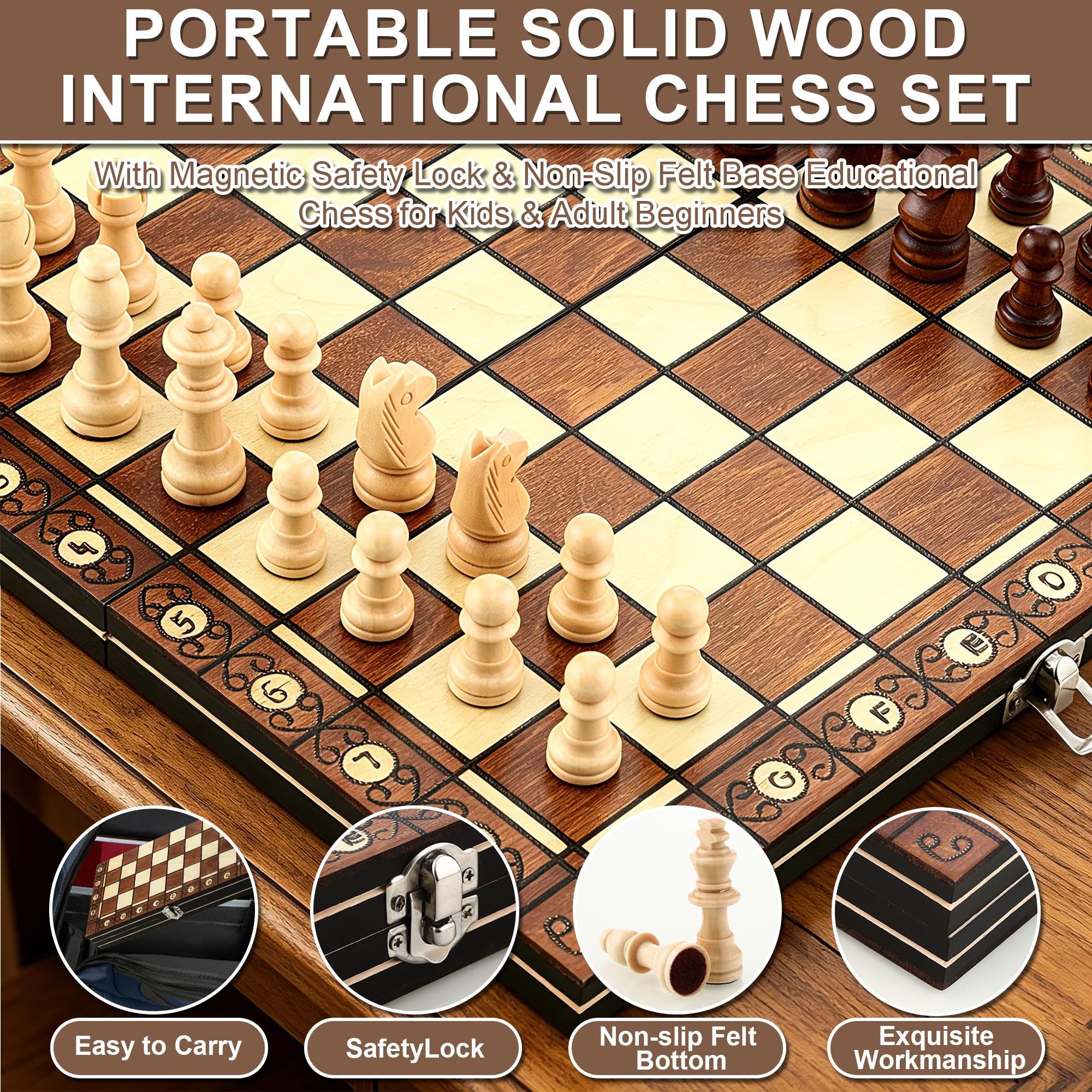 Scacchiera in legno, 3 in 1 Scacchiera Professionale, 29 cm x 29 cm, Scacchiera Portatile e Pieghevoli, Gioco da Tavola di Qualità Adatto a Raduni di Bambini Adulti, Attività Familiari