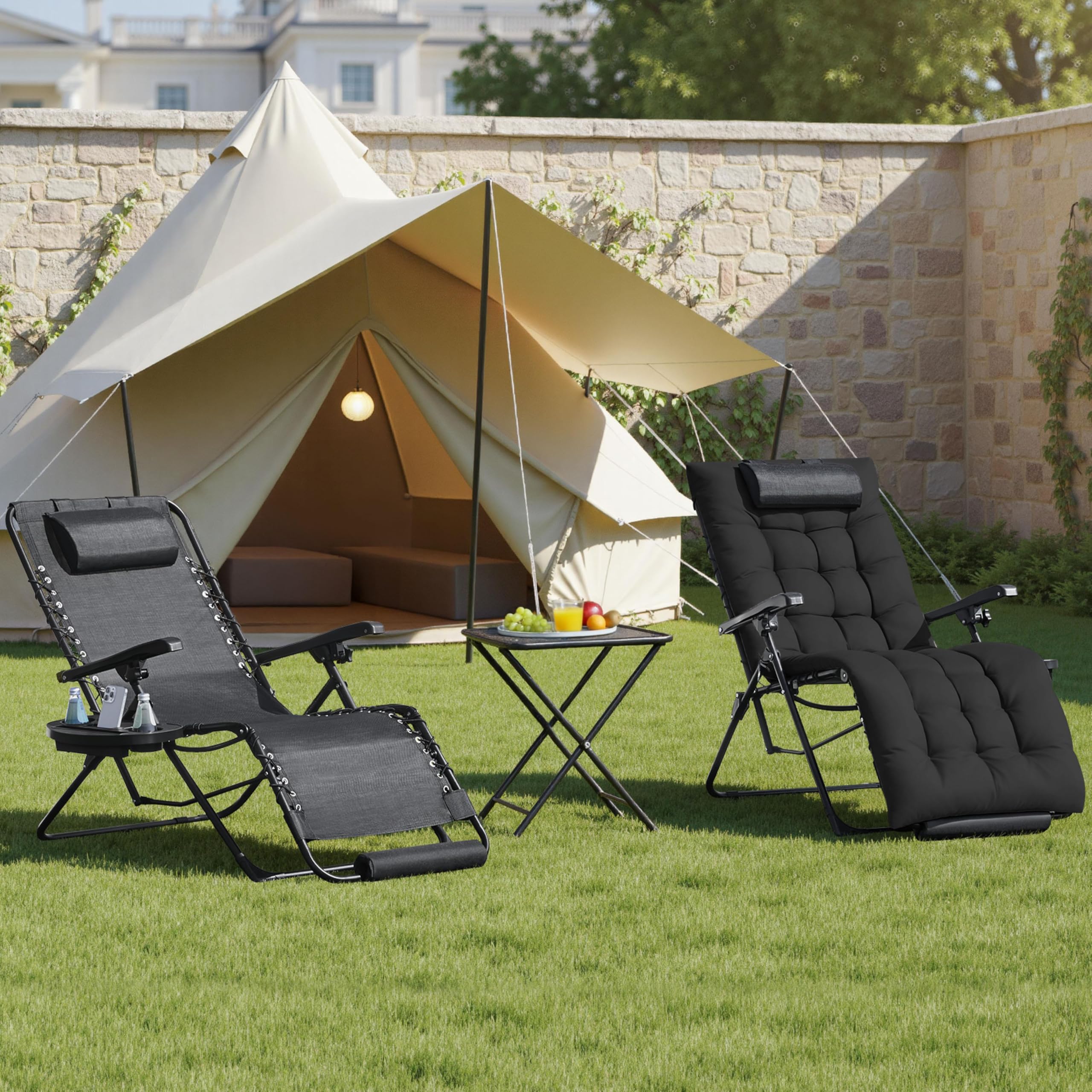 Abician Bain de Soleil Chaise Longue de Jardin avec Coussin, Fauteuil de Jardin Chaise Longue Pliable & Inclinable, avec Porte-Boisson Repose Pieds Appuie-tête Amovible, capacité 200kg aux intempéries