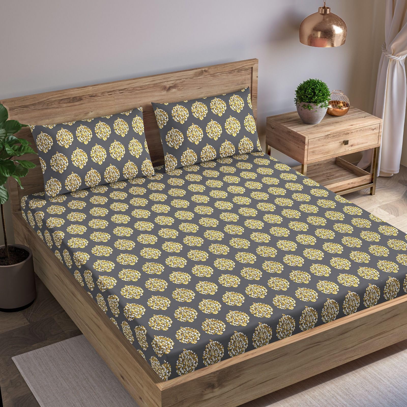 Trance Home: Ginkgo Leaves Grey White Cotton Fitted Sheet Set -6