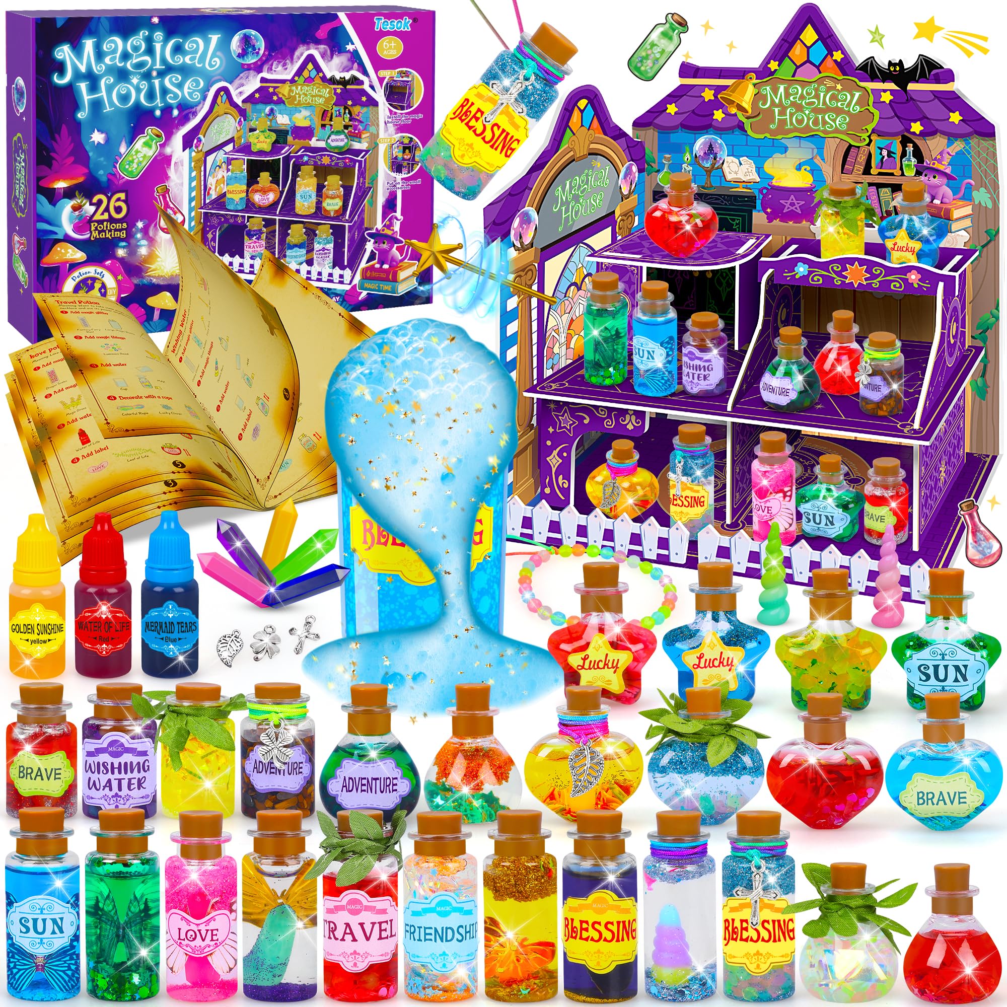 Tesok Girls Multicoloured-Magical House Magic Potions Kit For Kids With Diy Magical House,26 Mixed Magic Wizard Potion Bottles,Mystery Potions Craft Kit,Christmas Decorations Birthday Gifts For Age 6 7 8 9 10+ Year Old Boys