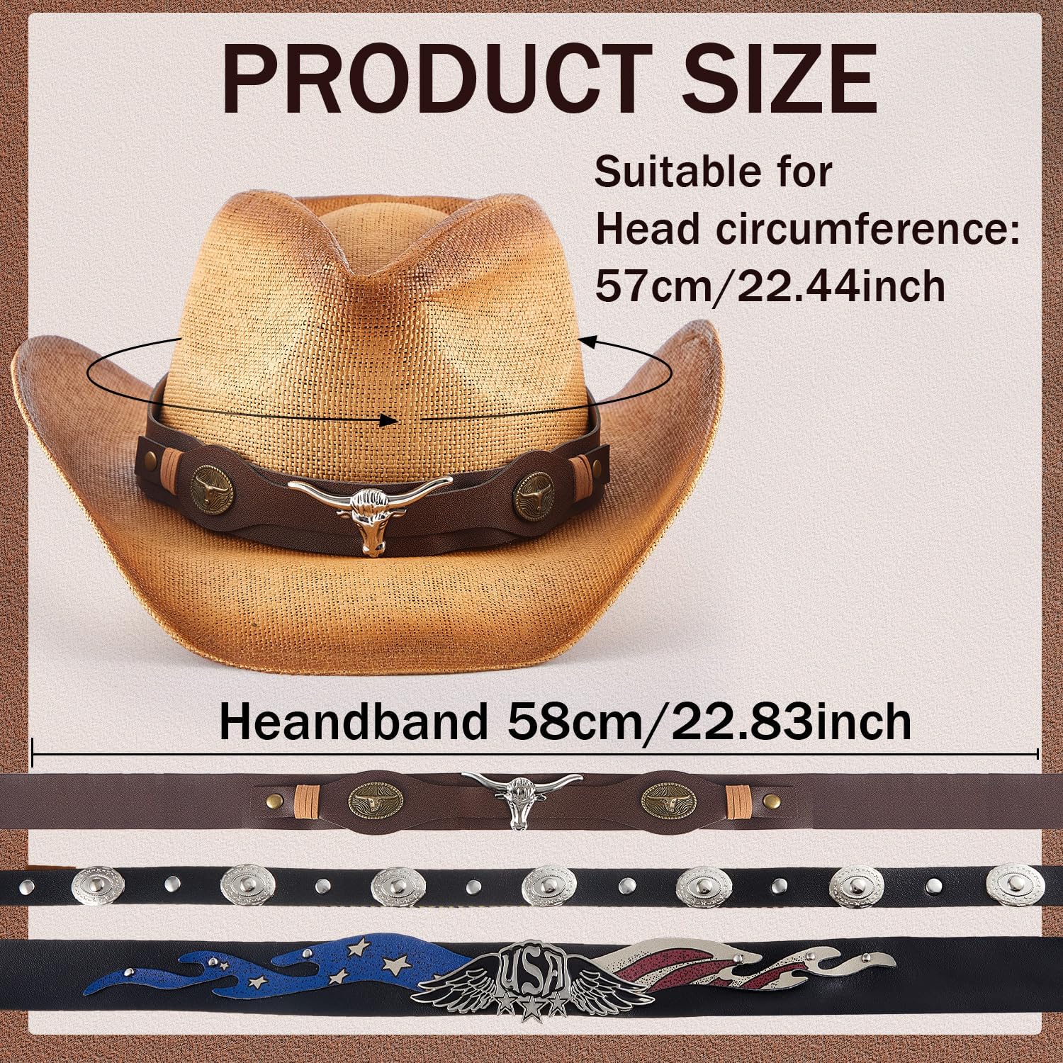 Straw Cowboy Hats for Women Men with 6 Replaceable Hat Bands Adjustable Western Cowgirl Hat for Party, Outdoor - Image 2