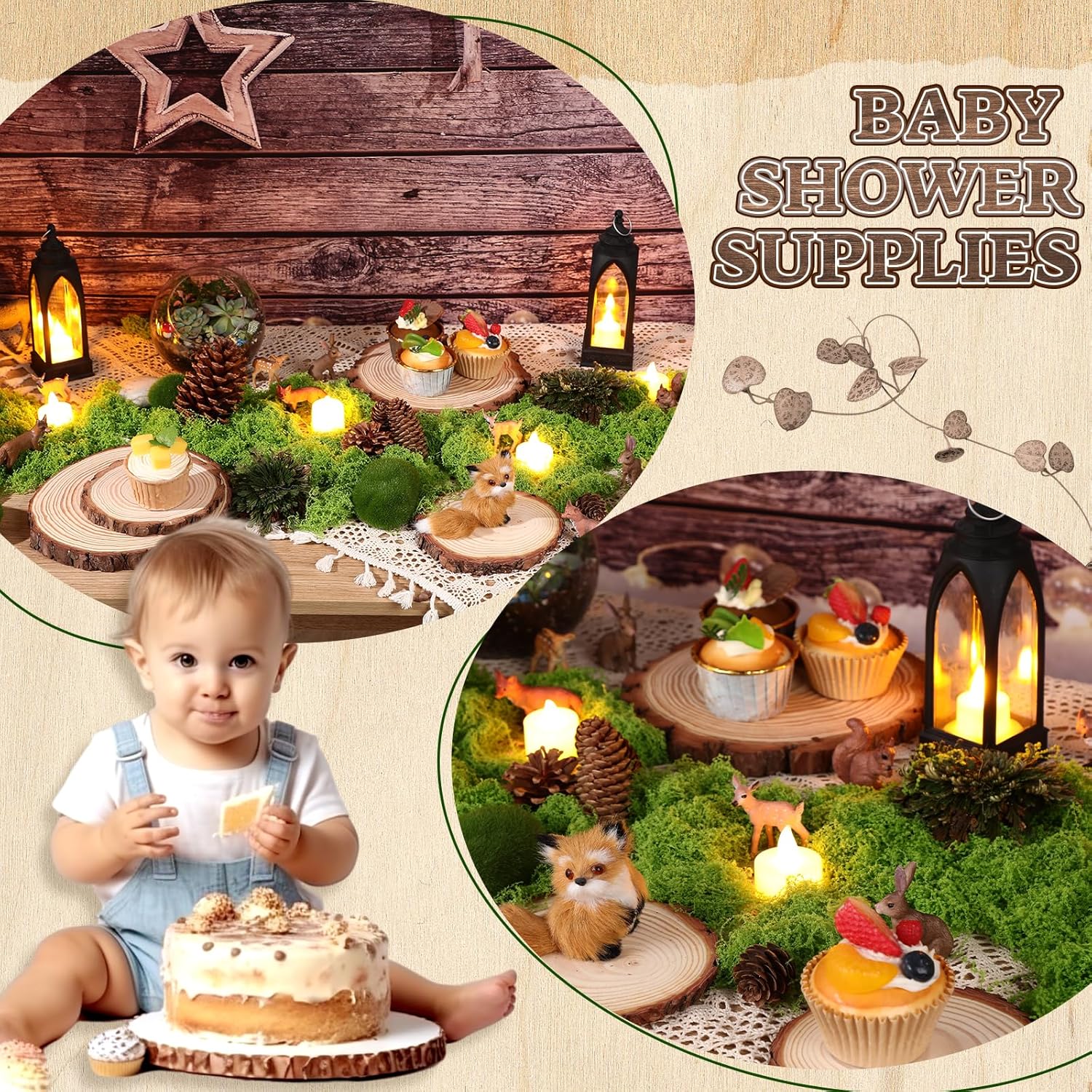 Nuanchu 7 Pack Wood Table Centerpieces with Rustic Wood Slices and Artificial Fake Green Moss for Wooden Fairy Wedding Woodland Table Decor Ideal DIY Crafts (4. 7-5. 5'')