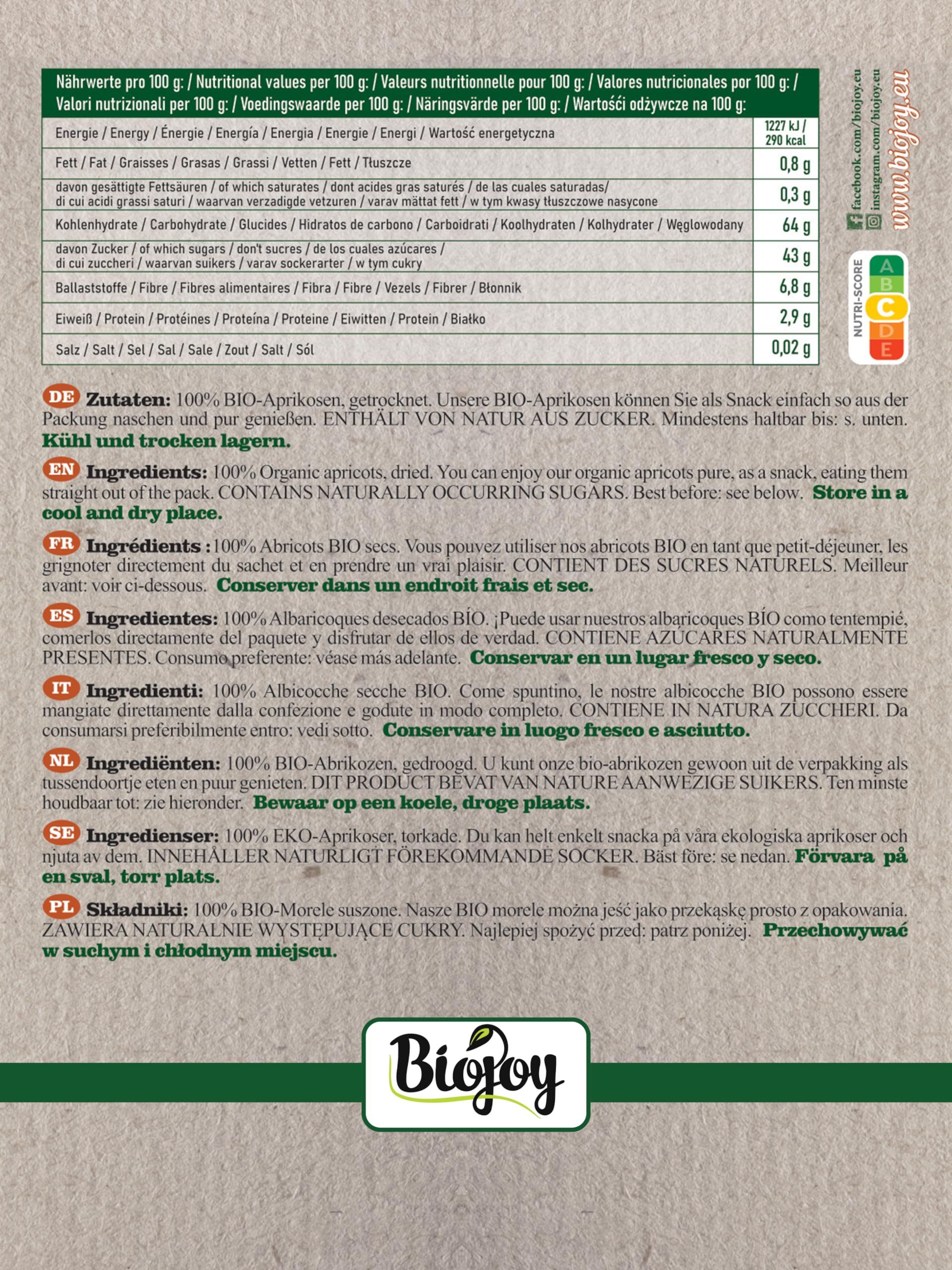Biojoy Albicocche secche BIO (1 kg), senza zucchero aggiuntо e senza solfiti