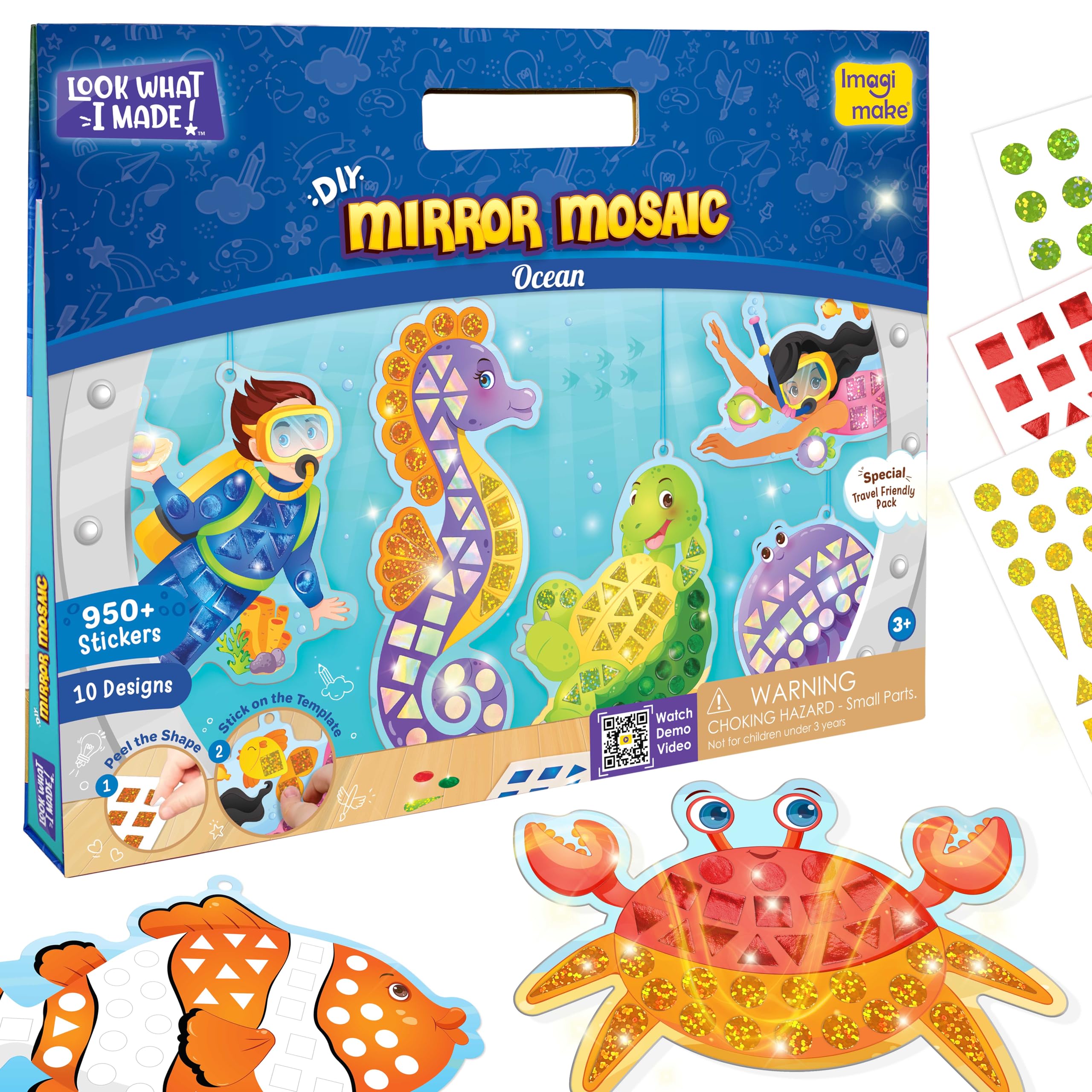 Imagimake Boys Multicolour Mirror Mosaic Ocean Arts And Crafts For Kids | 950+ Foil Stickers, Diy Sticker Mosaic Craft Kits | Travel Games & Toys For Kids | 3 Year Old Gifts | Gifts For 3 Year Old Girl