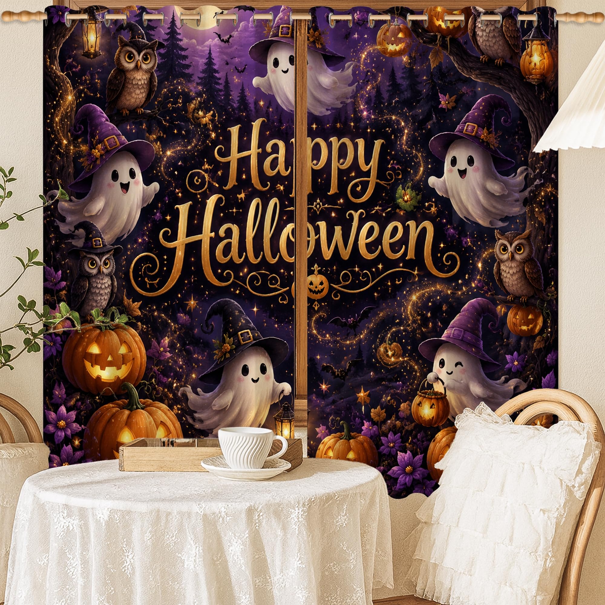 Rideau occultant à œillets motif Halloween violet 132 x 137 cm