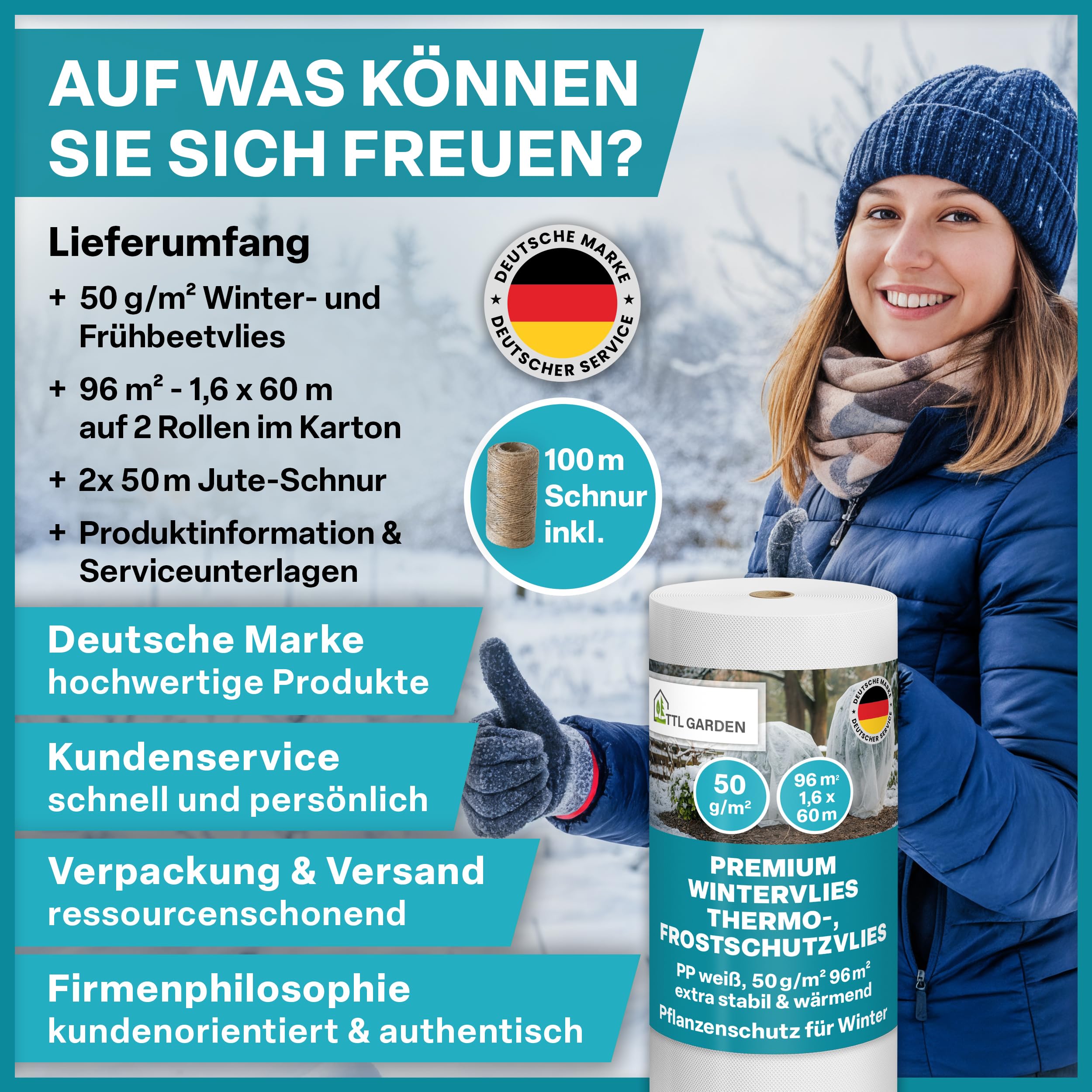 TTL GARDEN 50g/m² Wintervlies 96m² 1,6m x 60m weiß auf Rolle + 100m Schnur | - Frostschutz Thermovlies Gartenvlies Winterschutz für Pflanzen außen – Pflanzenvlies Pflanzenschutz Winter Kübel & Hochbeet