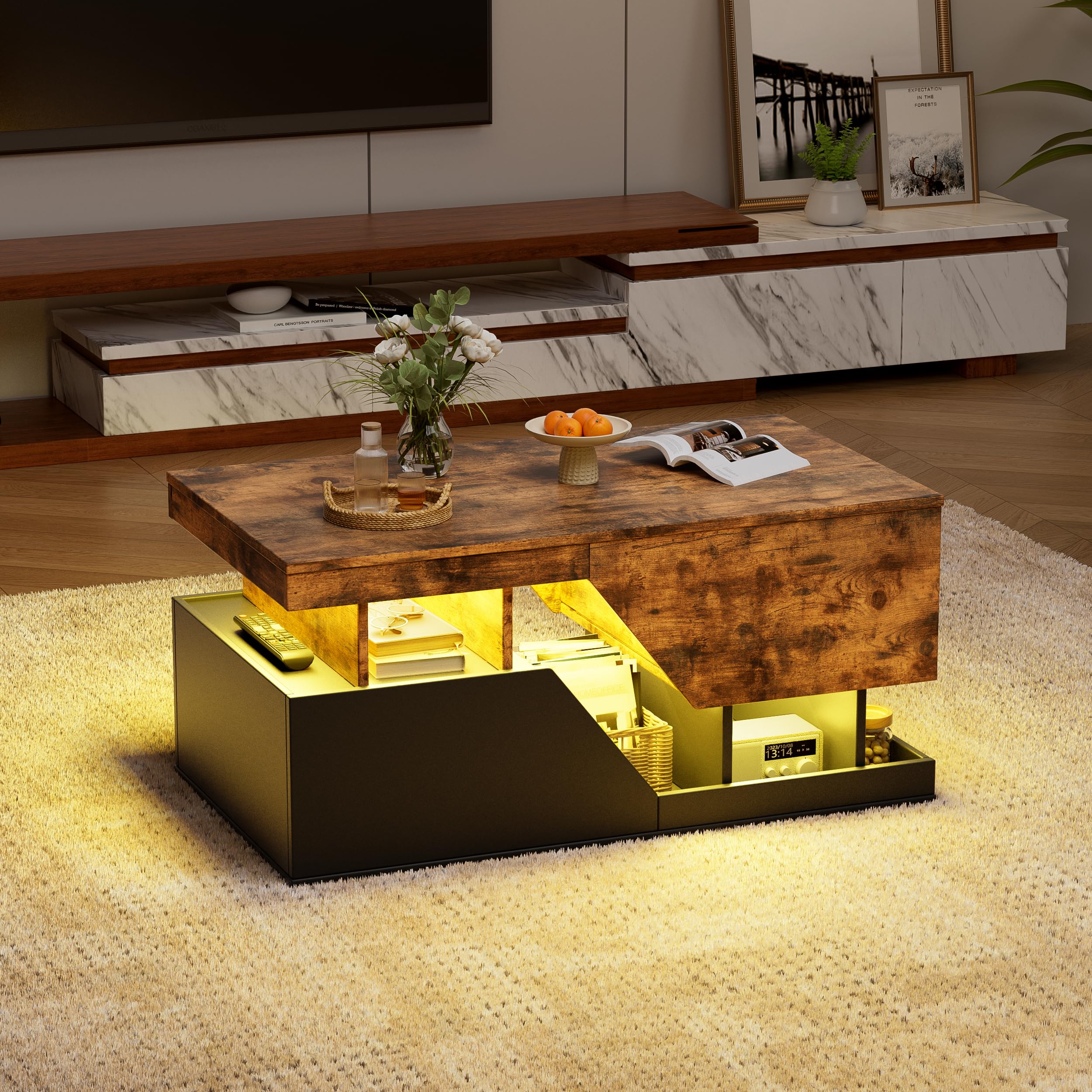 MSFE Couchtisch LED, Wohnzimmer Möbel mit 4 Schubladen und Offener Lagerraum, Couchtisch mit stauraum, Sofa Tisch, Wohnzimmertisch für Wohnzimmer/Esszimmer, Wohnzimmermöbel,Zwei Pakete