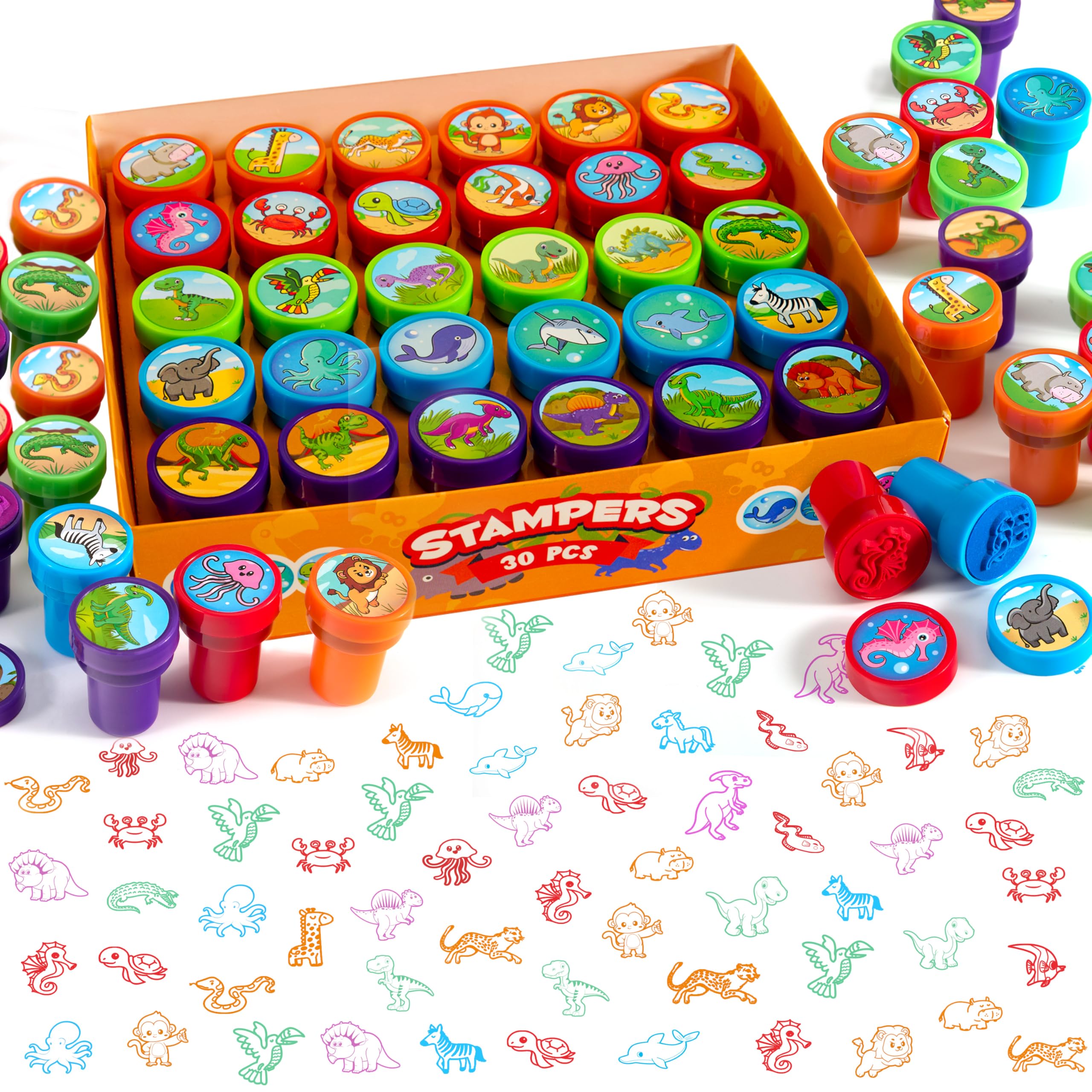 SYNCFUN 30 Pcs Animal Stamps for Children, Assorted Self Inking Stamps for Toddlers, Party Bag Fillers for Kids, 5 Colors 30 Patterns Childrens Stampers Prize Bag Fillers Small Gifts