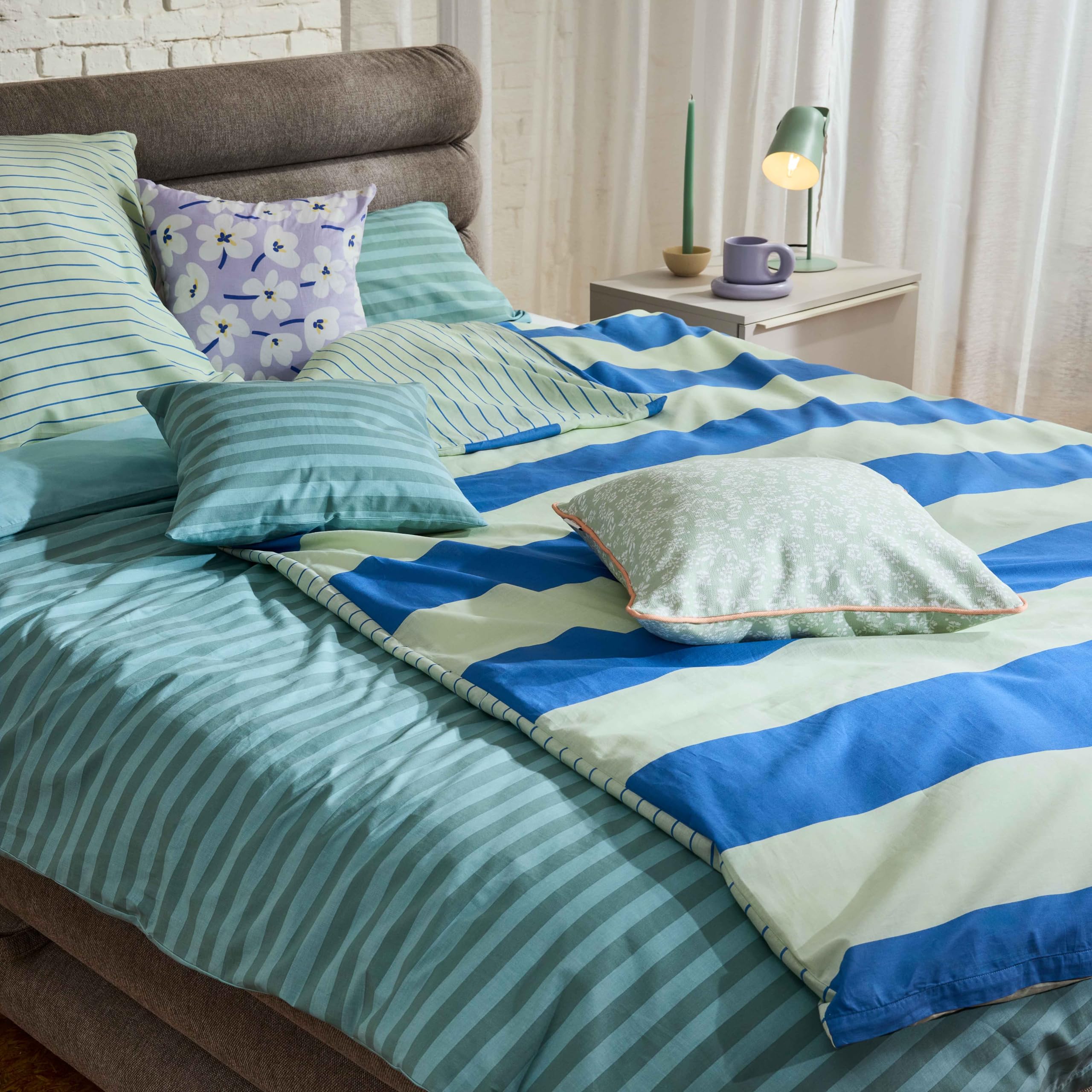 TOM TAILOR Renforcé-Bettwäsche, 80x80 cm + 155x220 cm, 100% Baumwolle/ Renforcé, mit Wendemotiv und farbigem Reißverschluss, BOLD STRIPES Grün, Blau (Green Leaf & Cool Blue)